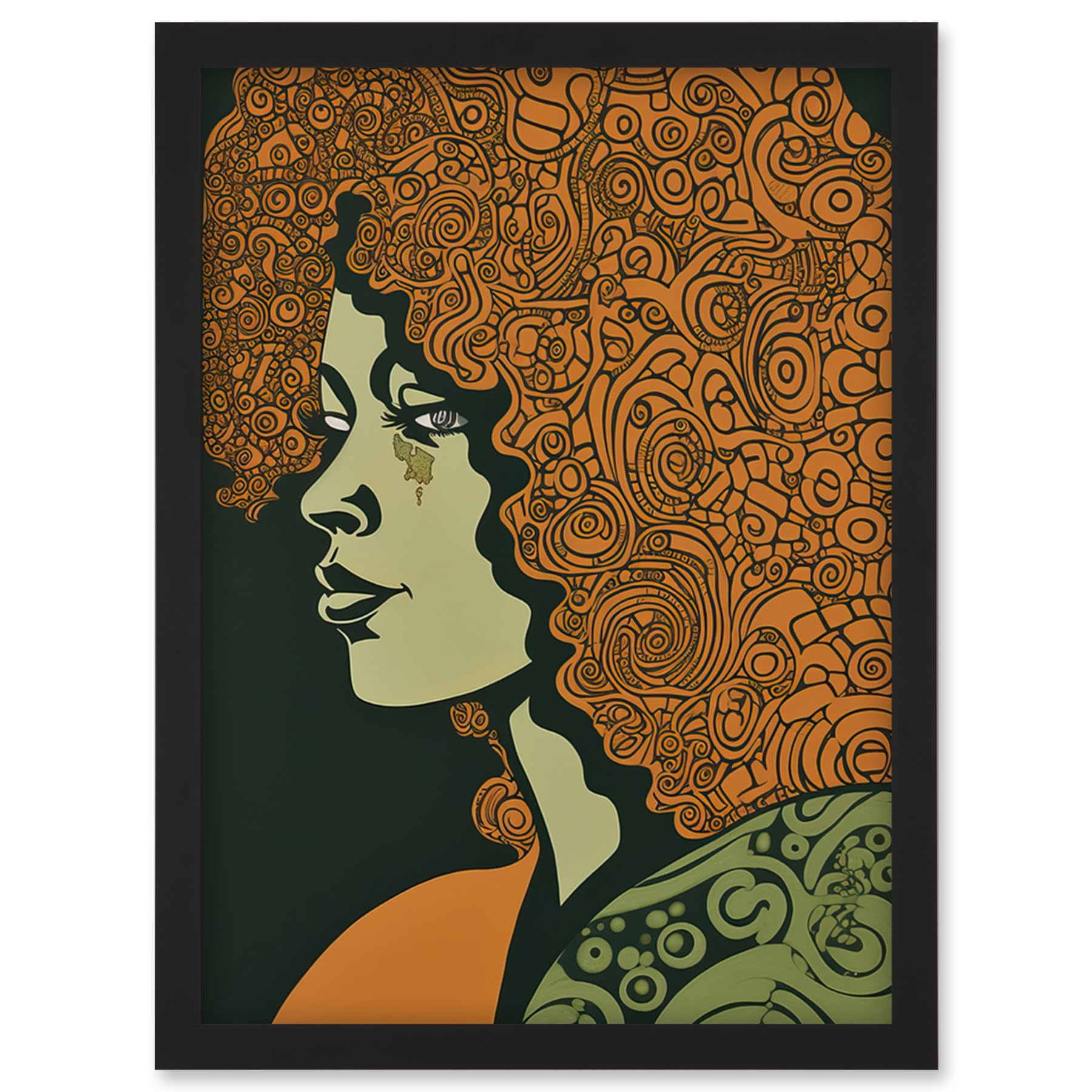 Artery8 Woman Portrait Illustration with Pattern Afro Hair Artwork Framed Wall Art Print A4