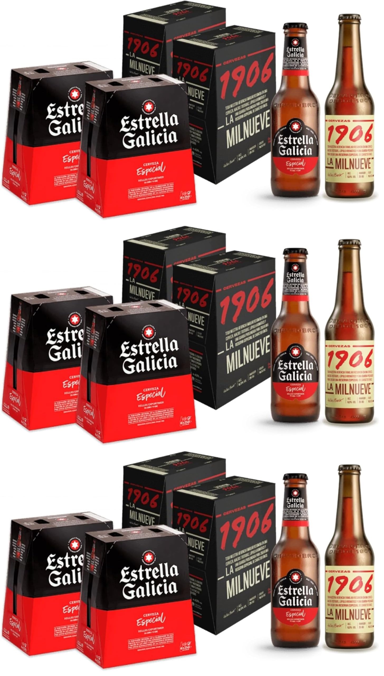 Estrella Galicia y 1906 Pack Combinado de Cervezas de 24 Botellas - Incluye 2 packs de 1906 Reserva Especial 33 cl y 2 Packs de Estrella Galicia Especial 25 cl (Paquete de 3)