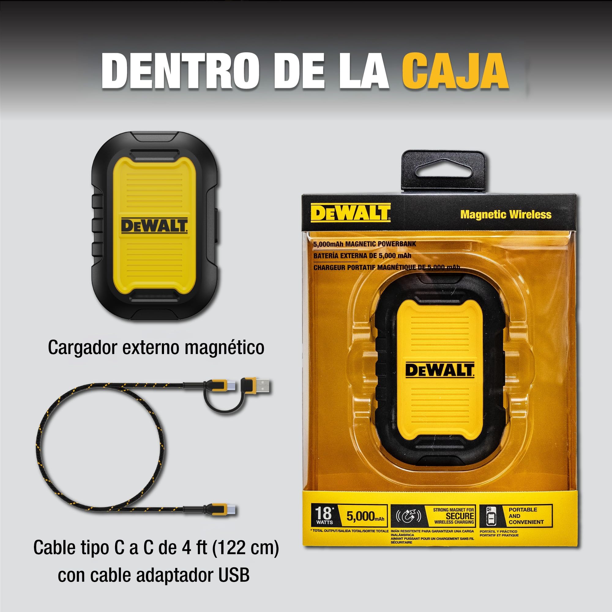 DEWALT Power Bank Magnético de Uso Intensivo 5.000 mAh, Batería Externa Inalámbrica Rugerizada con Carga Rápida 18W, USB-C a C con Adaptador USB, Compatible con MagSafe iPhone.