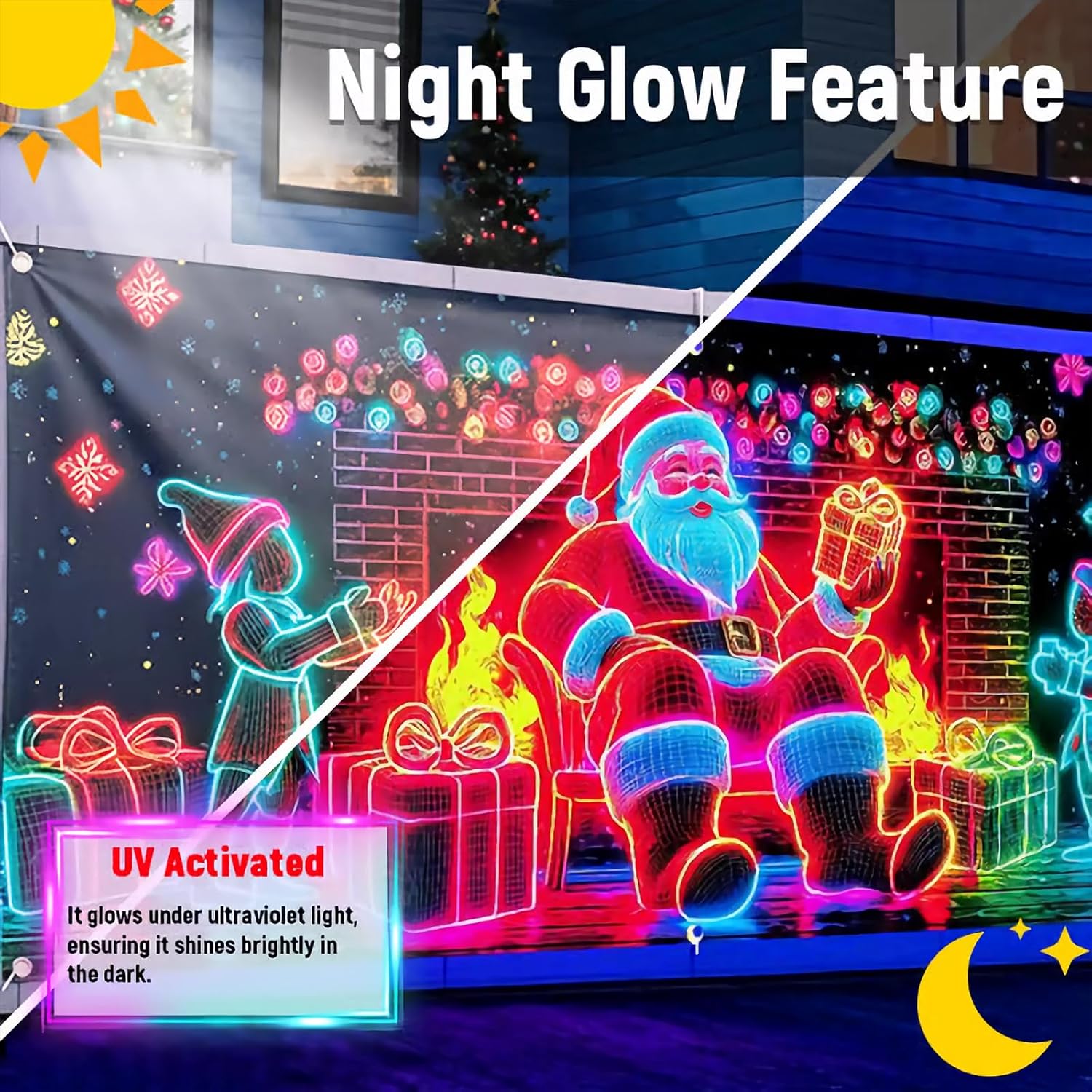 Christmas Garage Door Cover Banner 7X16ft UV Activated Christmas Garage Door Cover Large Glows in Dark 2D Flat Holiday Xmas Wall Decor Outdoor Lighted Garage Banner with Cartoon Santa Elf (7×16ft, A)