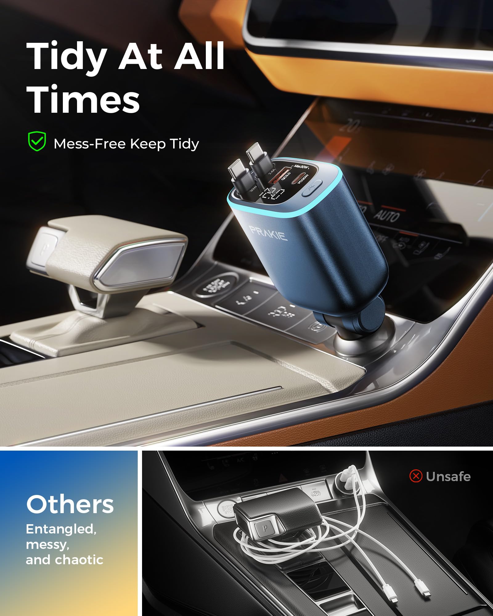 Caricabatteria da auto per iPhone con 2 cavi USB C retrattili, colore: Blu