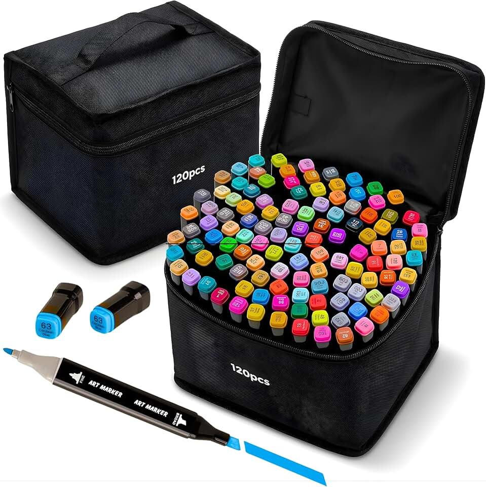 Canetas para Pintar Bobbie Goods 120 Cores – Canetinhas Ponta Dupla Brush + Fina, Secagem Rápida, Não Tóxicas, Estojo com Zíper e Alça – Kit Colorir Antiestresse