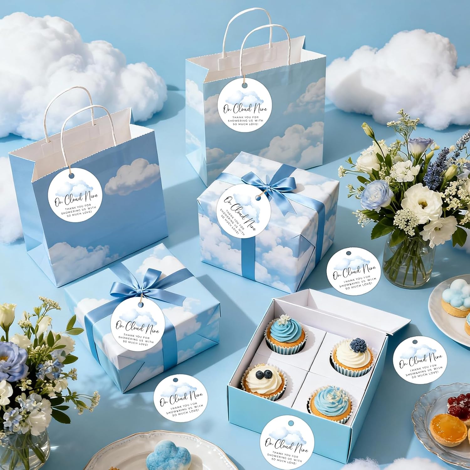 On Cloud Nine Birthday Decorations 50PCS Blue Cloud Thank You Tags with String for We are on Cloud 9 Birthday Baby Shower Wedding Bachelorette Party Decorations Supplies Favors Gifts Wrapping image 3