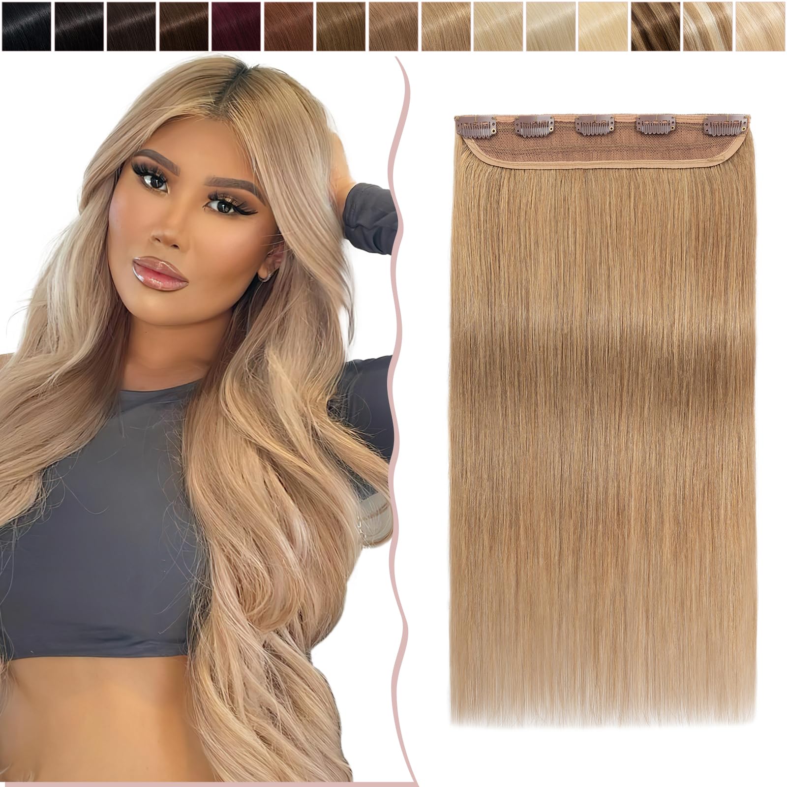 16 inches SEGO One Piece Hair Extensions Clip in Human Hair [#27 Dark Blonde] Real Remy Hairpieces for Women 3/4 Full Head Straight Invisible (45g)