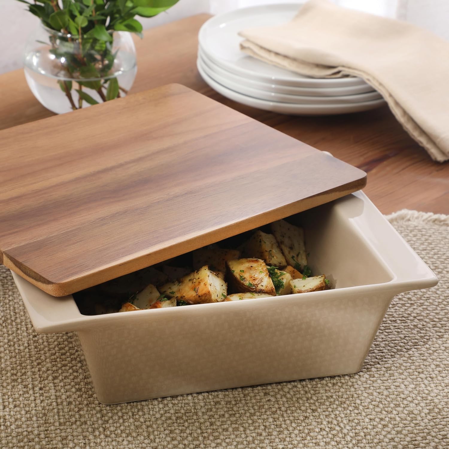 Gibson Elite 2-Quart 10" x 8.5" Stoneware Baking Dish with Acacia Wood Lid – Taupe Rectangular Oven Safe Baker for Casseroles, Roasting & Serving