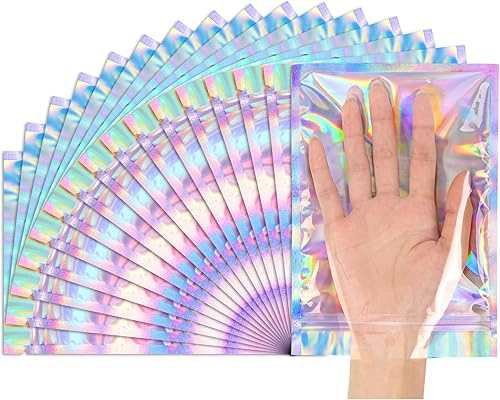 Miniatura 23 de Funfery Paquete de 100 bolsas holográficas a prueba de olores, bolsas resellables con ventana transparente, bolsa de aluminio de Mylar