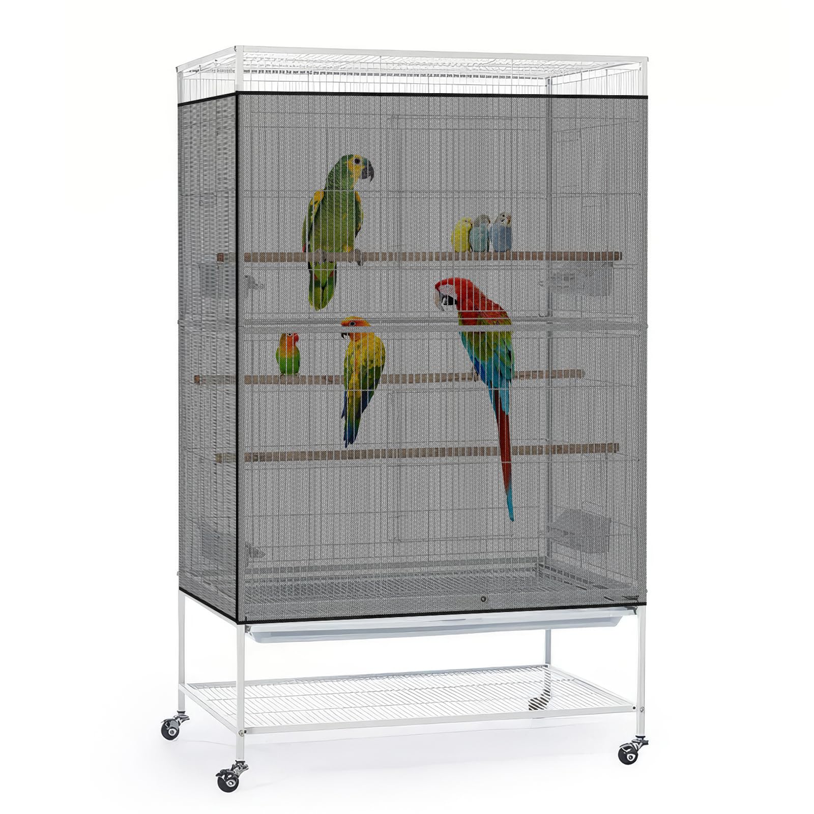 Bissap Bird Cage Seed Catcher, 90-118‘’ Universal Birdcage Net Nylon 31.8'' H Adjustable Elastic Band Stretchy Skirts Mesh Cover for Parrot Cage Seed Guard (Not Include Birdcage)- Black