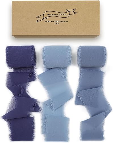 Cinta de gasa de seda con flecos de 1-1/2 pulgadas x 16.5 yardas, 3 rollos de cintas hechas a mano para envoltura de regalos, invitaciones de boda,