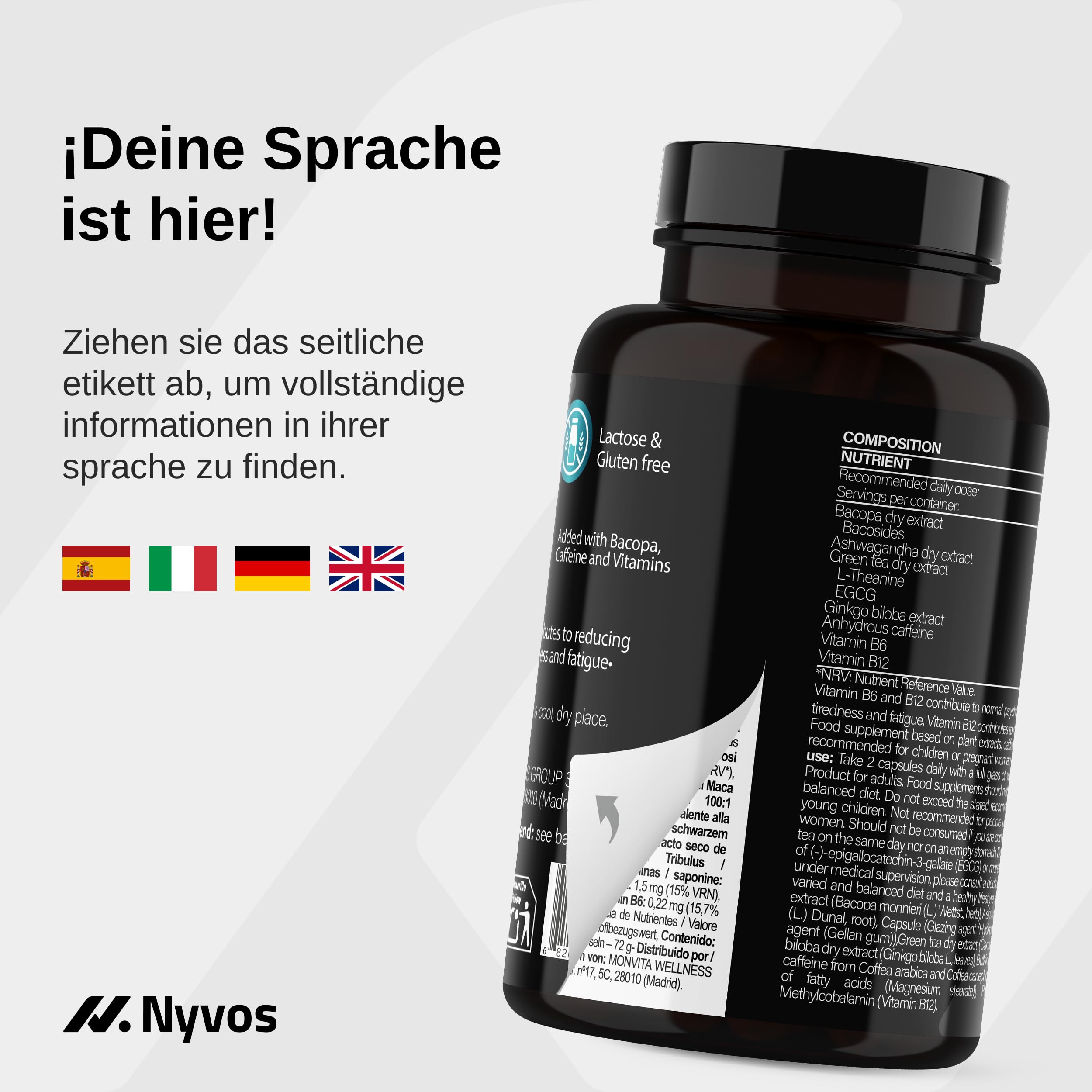 L Theanin, Ginkgo Biloba, Ashwagandha – Nootropic mit Bacopa Monnieri, natürlichem Koffein, Vitamin B6 & B12 hochdosiert | Focus, Konzentration & Energie ohne Nervosität | 90 vegane Kapseln
