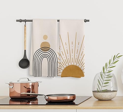 Miniatura 5 de Juego de 2 toallas de cocina y paños de cocina bohemios abstractos con diseño de amanecer y atardecer, diseño bohemio, para baño, cocina, 16 x 24