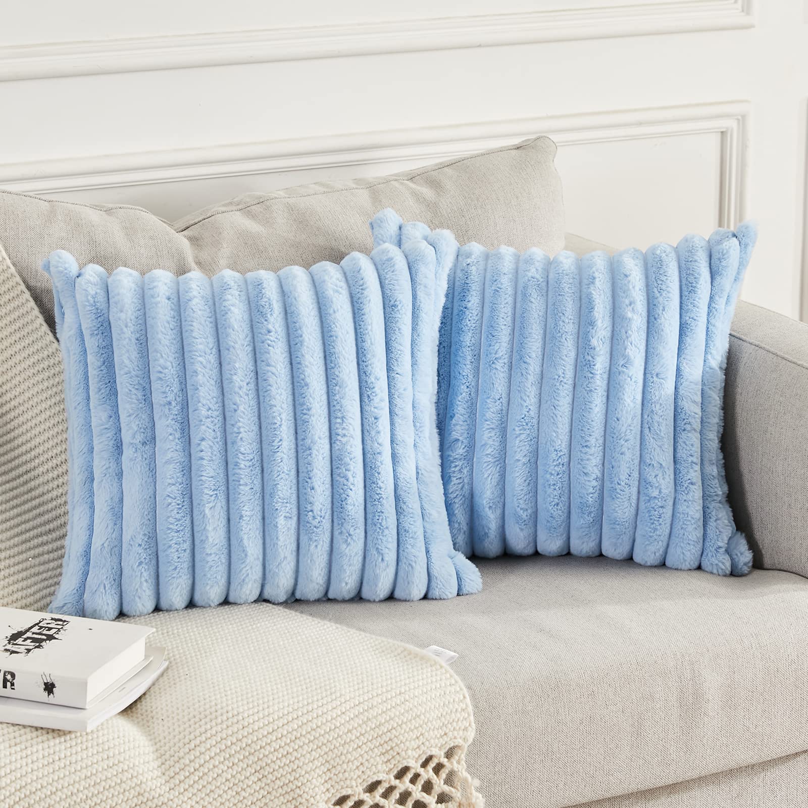 Joyouth Blue Pack Of 2,Double-Sided Faux Fur Plush Decorative Throw Pillow Covers Fuzzy Striped Soft Pillowcase Cushion Covers For Sofa Couch Bedroom 20X20 Inch