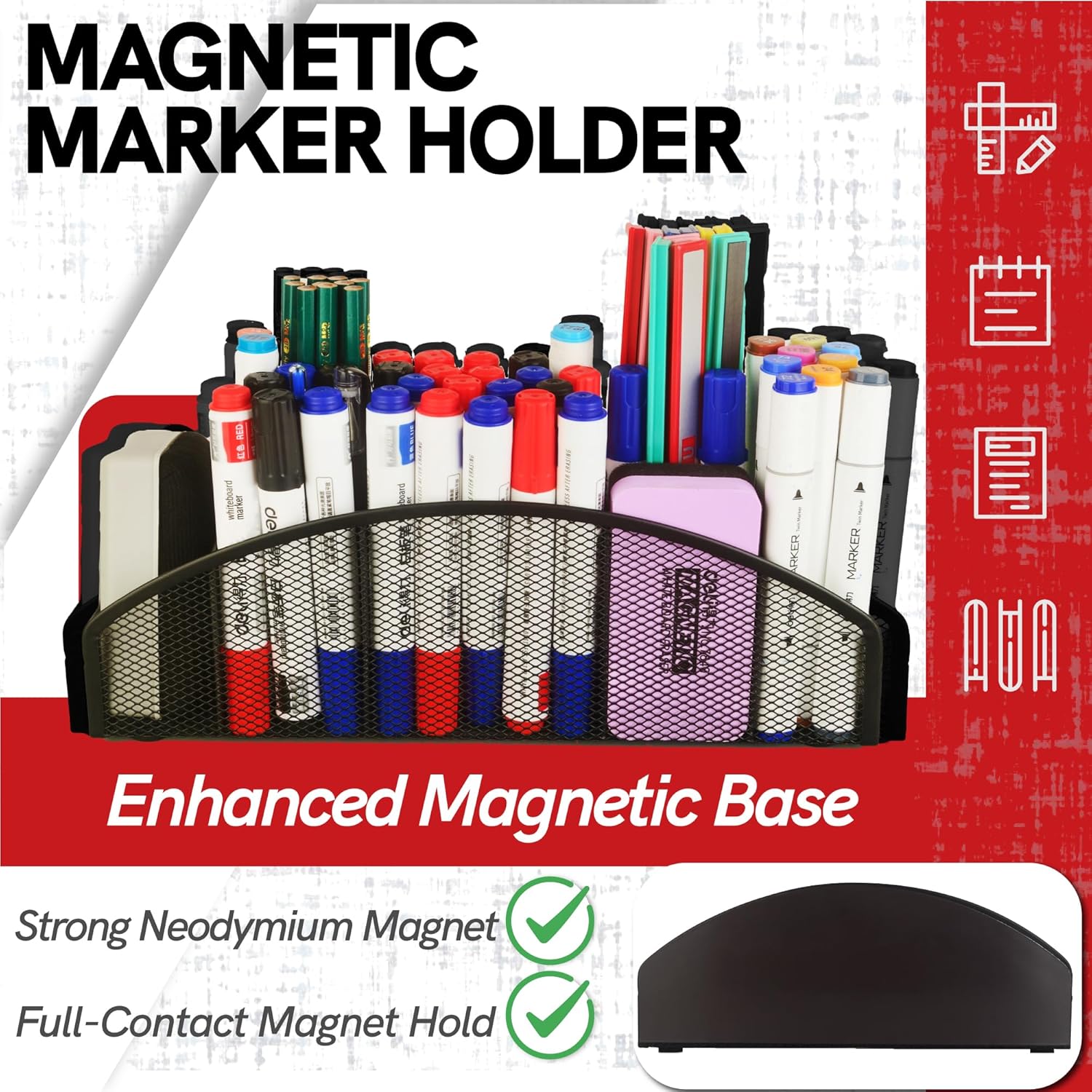 Magnetic Dry Erase Marker Holder for Whiteboard, 5 Slots Metal Pen Holder with Strong Magnets, 10inch Large Capacity Storage Basket Organizer for Office, School and Home (Black)