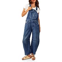 PLNOTME Womens Denim Bib Overalls Barrel Leg Adjustable Strap Jean Jumpsuit