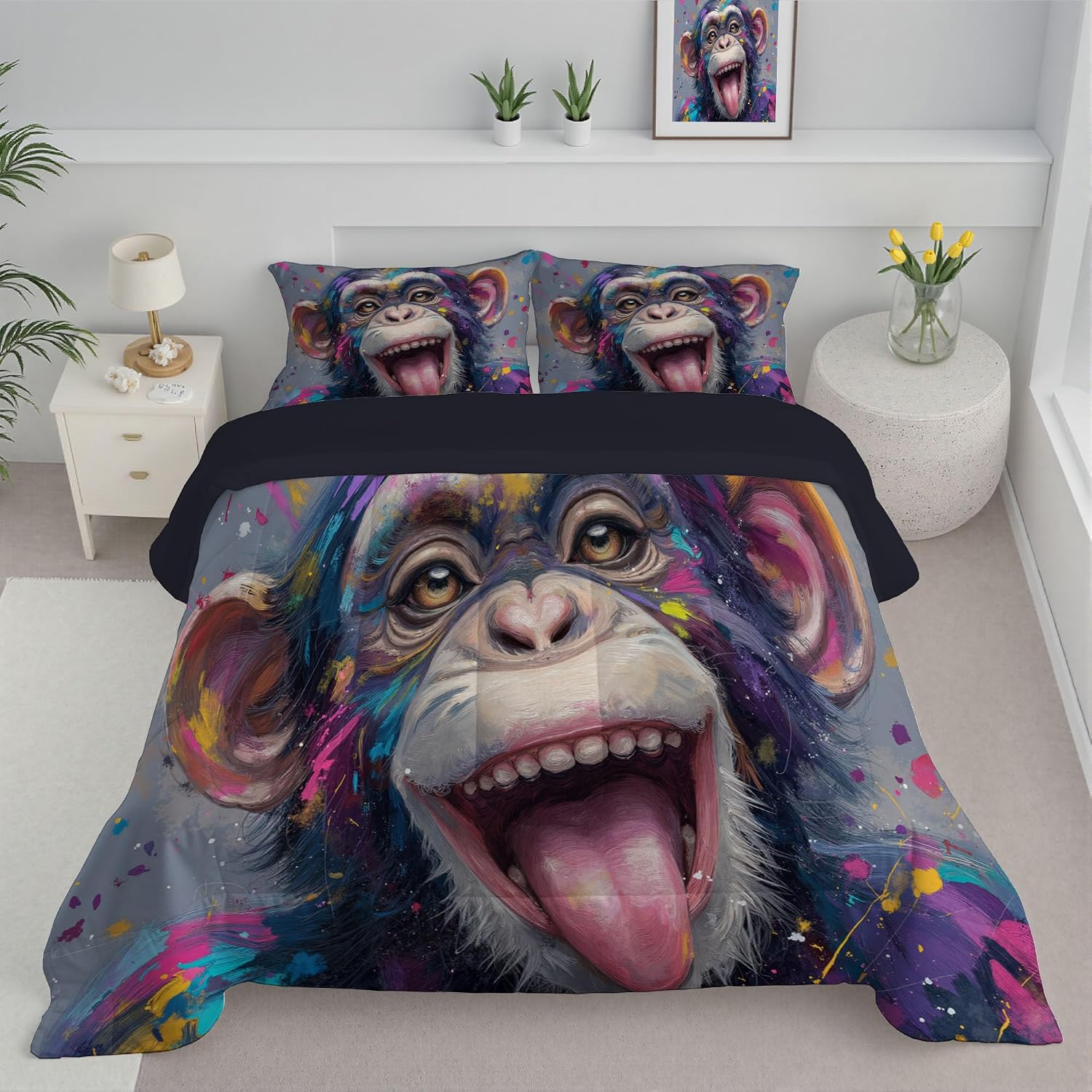 68" x 86" Coverless Duvet 7.5 Tog, Abstract Animals Print Kids Reversible Washable Coverless Duvets, Dark Purple Super Soft Comfy Kids Duvets, 2 Duvet with 1 Pillowcase