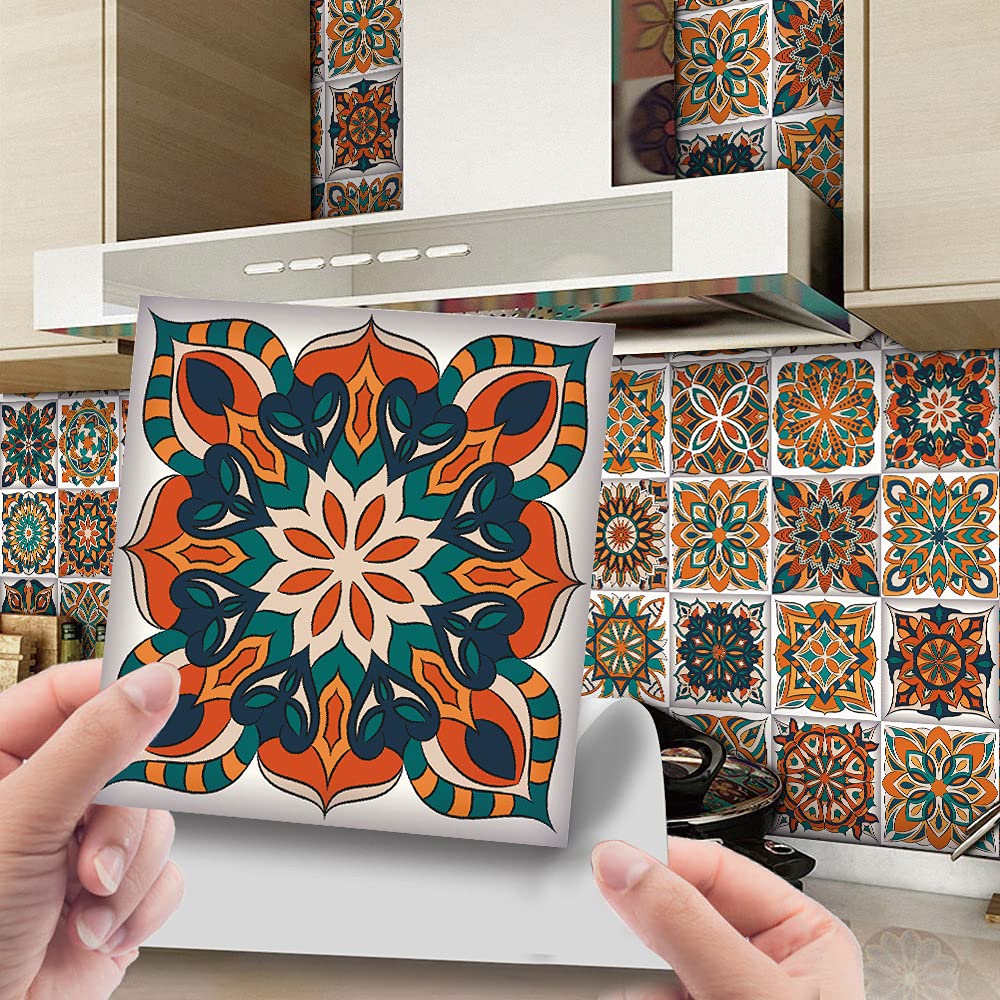 24pcs Wall Tile Stickers, Hiser Square Moroccan Victorian Retro Mosaic Style Waterproof Decals Sticker for Kitchen Living Room Bathroom Home Floor DIY Decor Self-Adhesive (Orange,15x15cm)