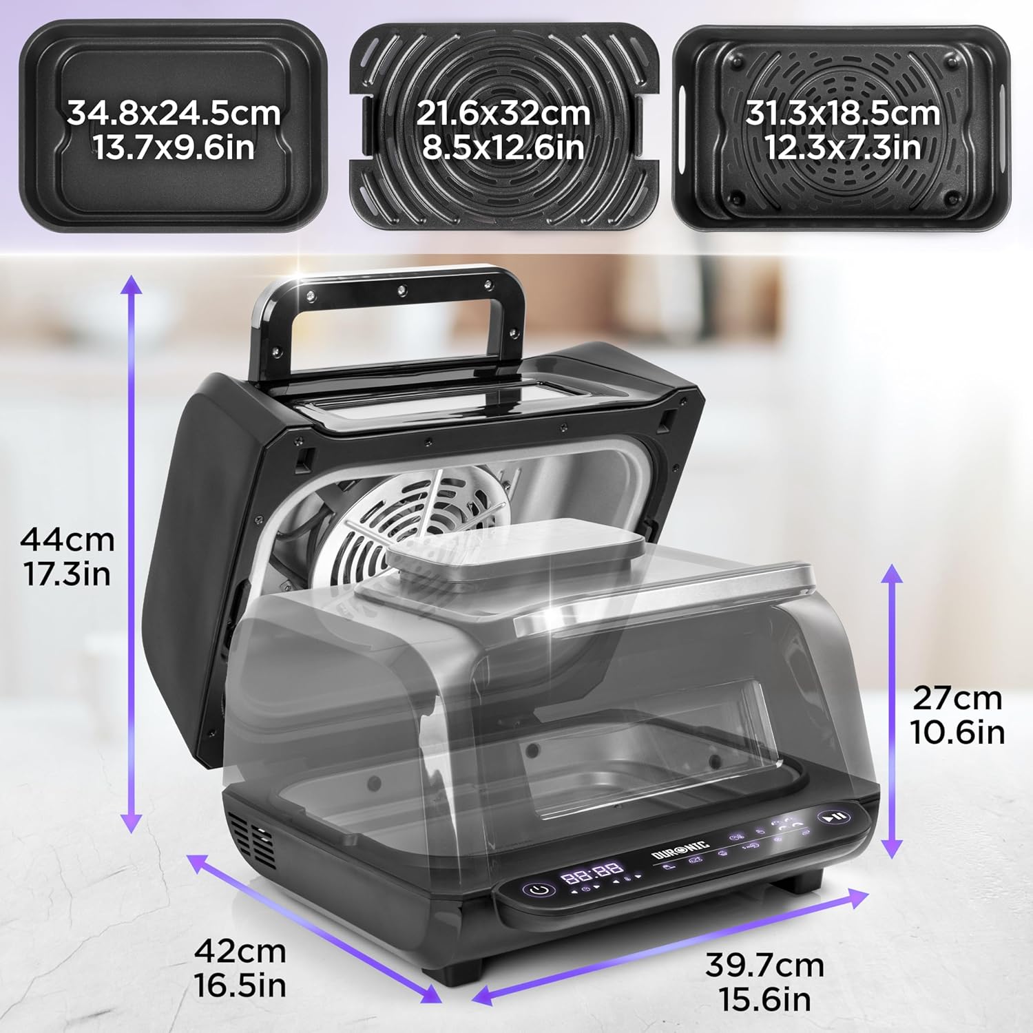 Duronic FG19 Airfryer Grill dimensions and accessory sizes