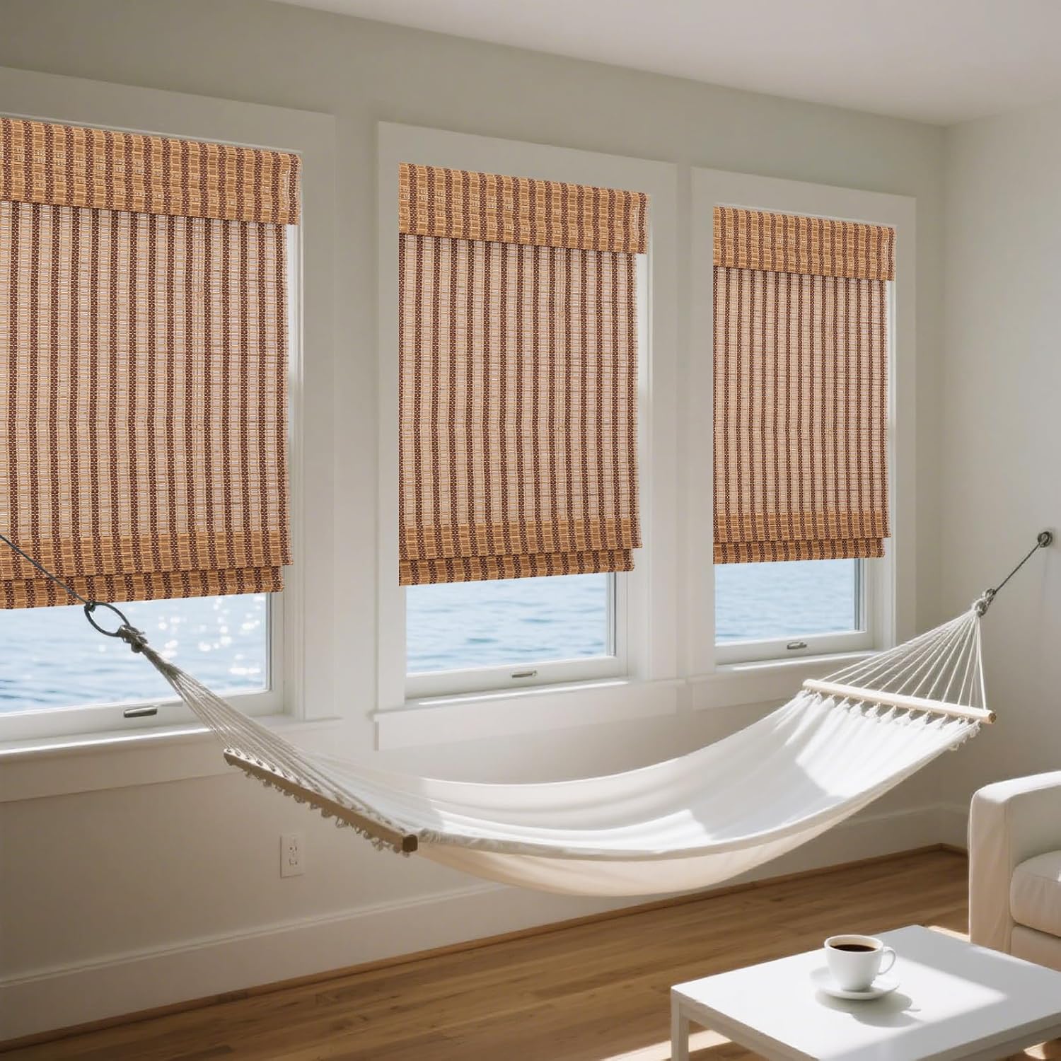 LETAU No Tools No Drill Wood Window Roman Shades, Bamboo Light Filtering Window Blinds for Indoor Home, Office, Kitchen, Walnut - Indoor