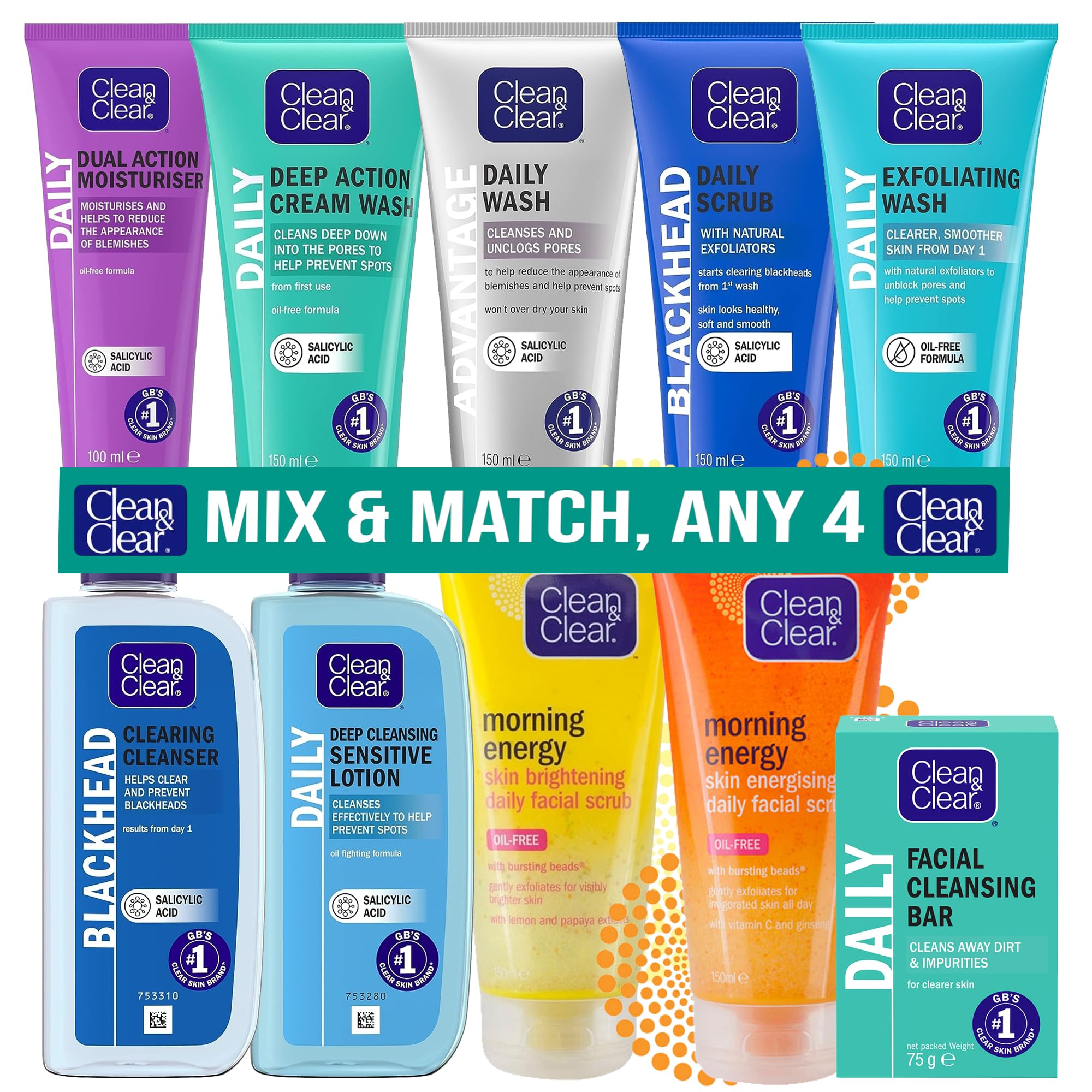 Daily Essential Skin Care Bundle | Facial Scrub, Lotion, Cleanser, Moisturiser, Cream Wash, Soap Bar | Pick Any 4 to Create Your Personal Skincare Set | 4 Pack