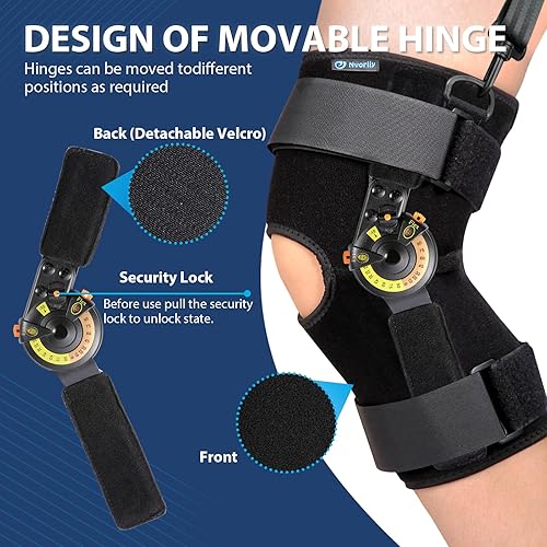 Miniatura 5 de Nvorliy Rodillera ortopédica con bisagras con correa para el hombro, rodillera de bloqueo, inmovilizador de rodilla de metal con estabilizadores