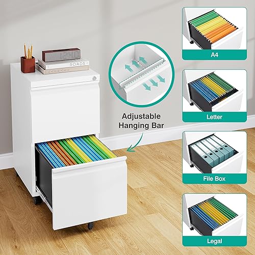 Miniatura 5 de SISESOL Archivador de 2 cajones con cerradura y ruedas, archivador rodante blanco, archivador móvil de metal con bloqueo para oficina en casa,