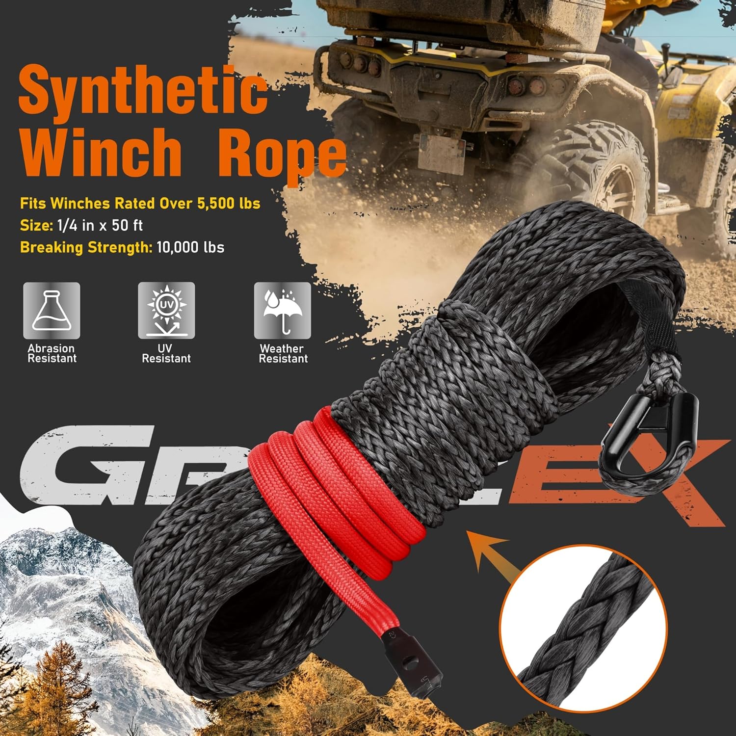 1/4'' x 50FT Synthetic Winch Rope for ATV UTV Winches, Replacement Winch Rope for Nut-Fixed Wall-Mounted Drum, Black