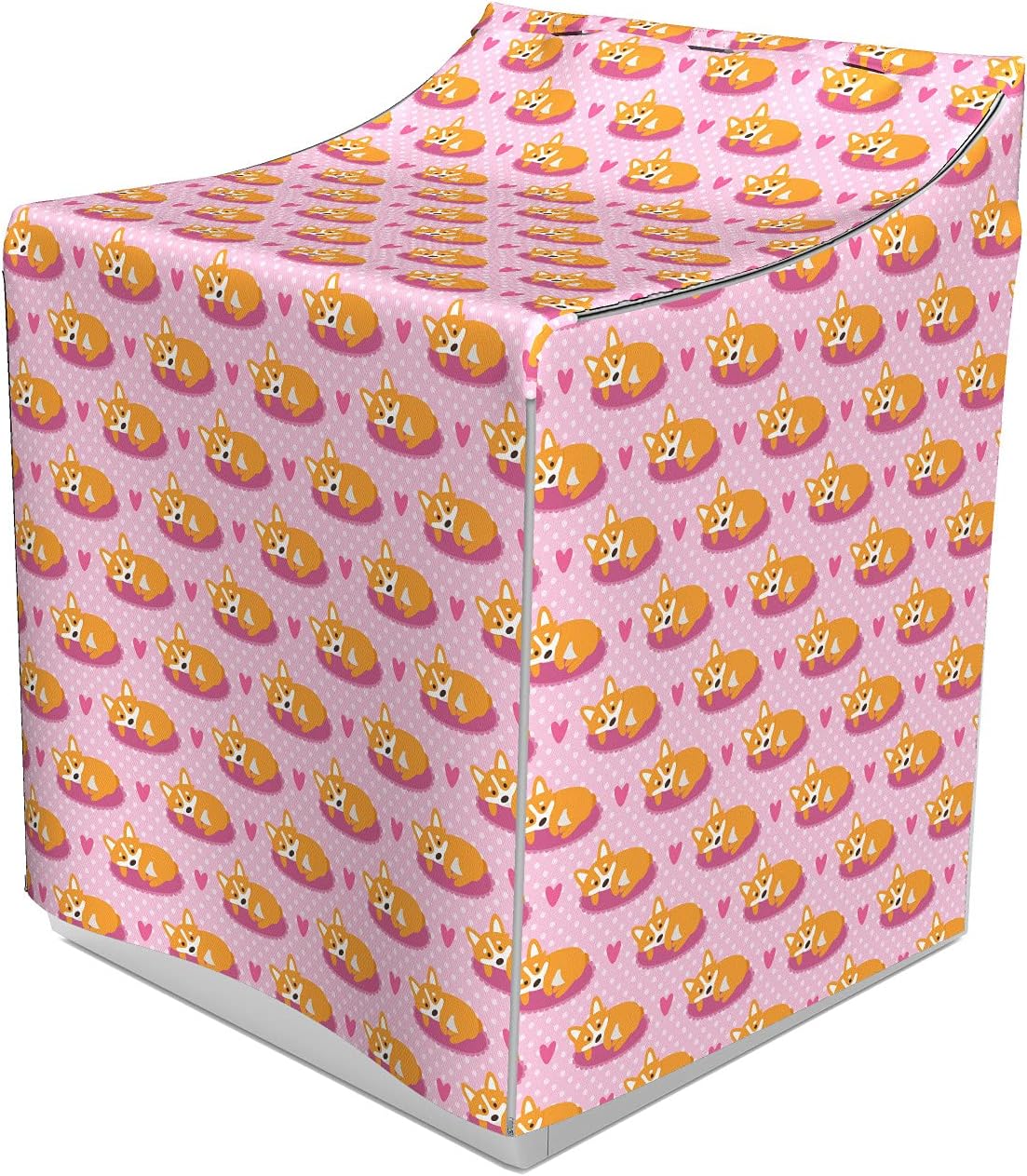 Ambesonne Pink and Orange Cover for Washer and Dryer, Repeating Romantic Pattern of Funny Welsh Corgi on Polka Dots, Easy Use Bathroom Laundry Decor Accent, 29" x 28" x 40", Rose and Pale Fuchsia