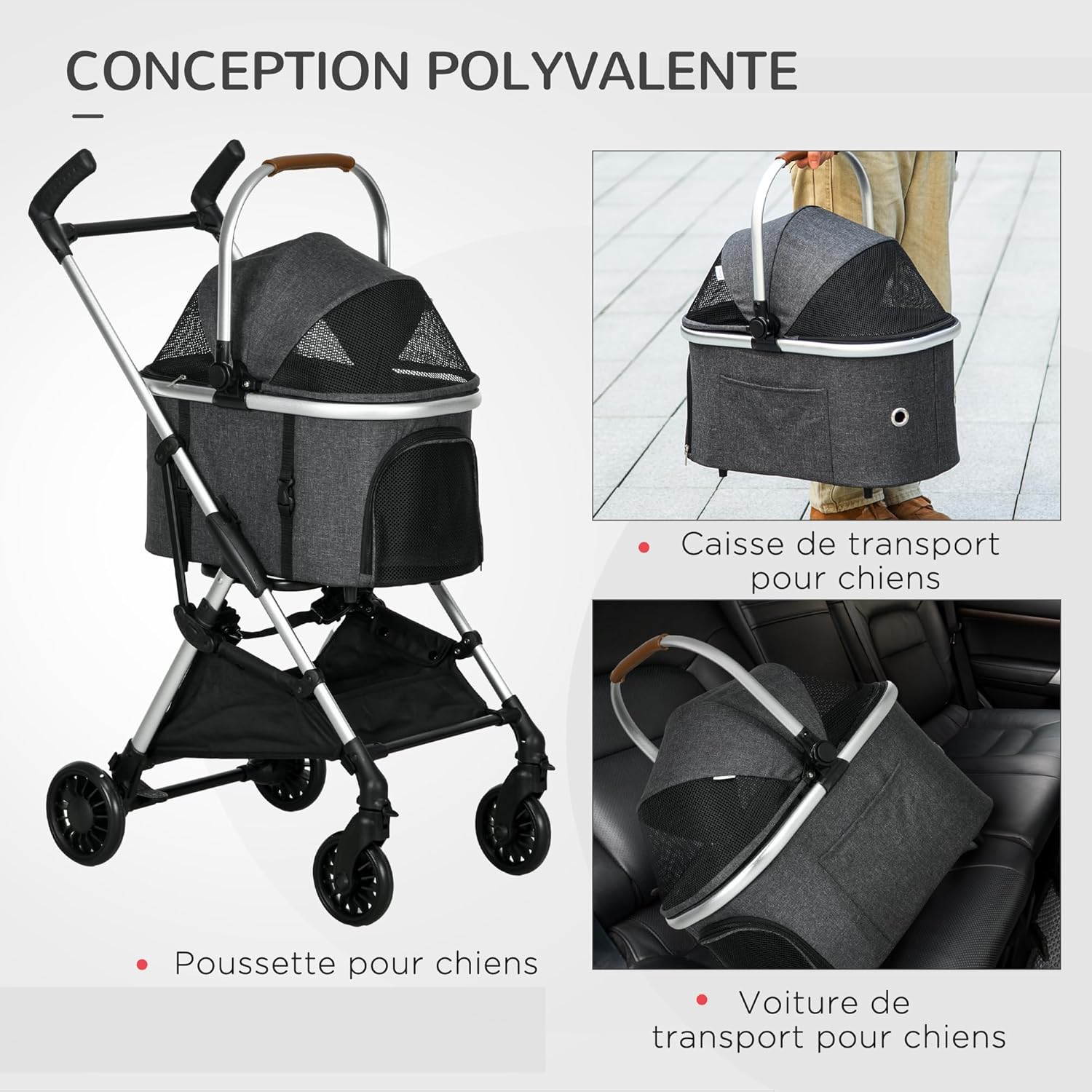 Image showing the PawHut pet stroller, the removable carrier, and the carrier placed in a car seat