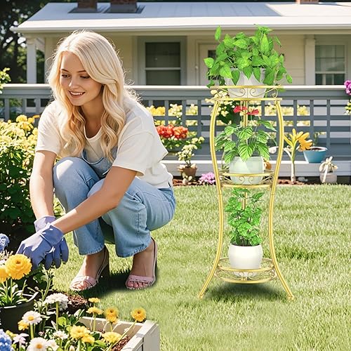 Miniatura 2 de iDavosic.ly Soporte de metal para plantas de 3 niveles de alto para interiores y exteriores, estante esquinero de hierro forjado, estante de