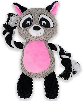 Squeaky Dog Toy Chew Plush Stuffed with Cotton Rope Crinkle Paper Soft Interactive Durable for Small Medium Large Dogs Puppy Pet Coffee Raccoon