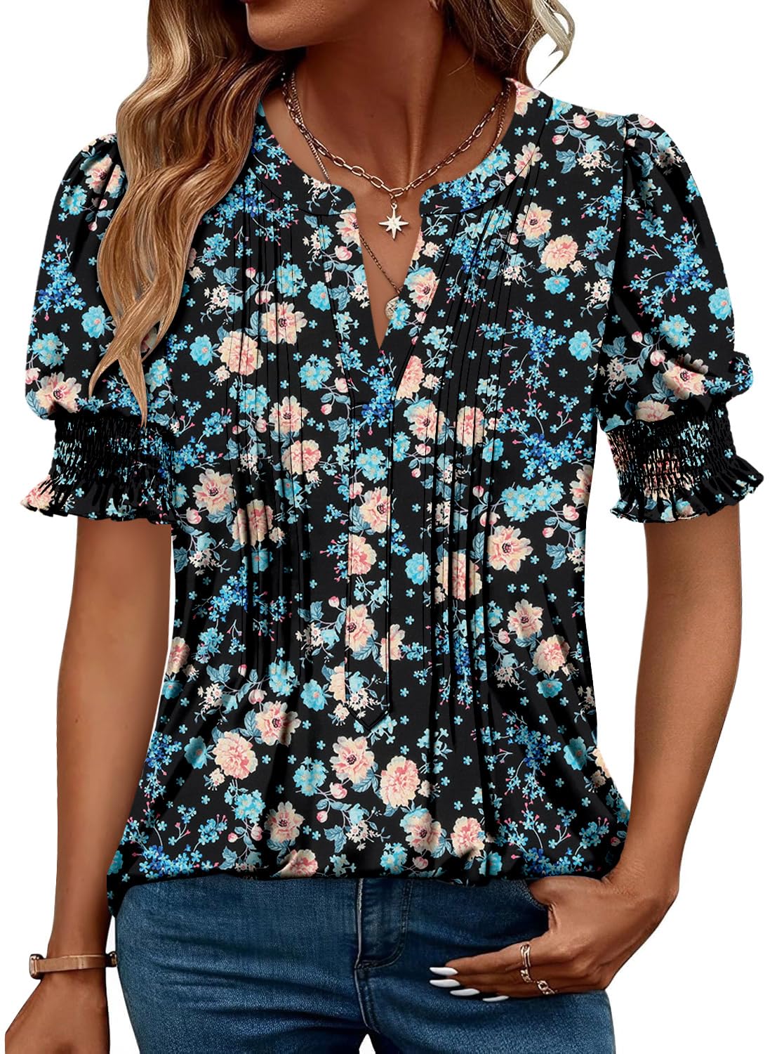 CRAZY GRID Women's Dressy Casual Top Puff Sleeve Summer Shirt Loose Trendy Pleated Blouse