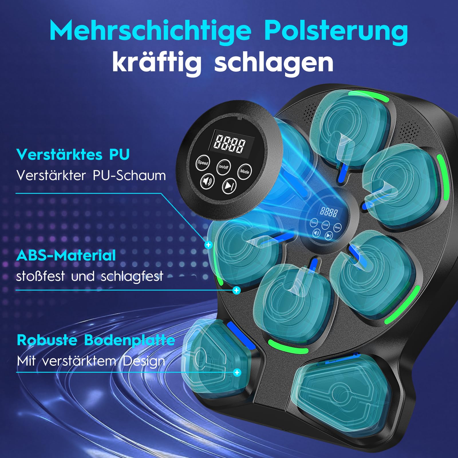 Music Boxing Machine mit LED, Bluetooth, 9 Geschwindigkeiten & Zählmodus | Elektronische Musik-Boxmaschine für Kinder & Erwachsene, interaktiver Boxtrainer für Training zu Hause & im Fitnessstudio