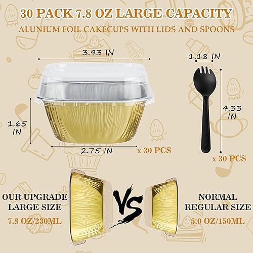 Miniatura 2 de BAKINGPAK Tazas de aluminio para hornear, 30 moldes para pasteles de 5 onzas con tapas, moldes desechables con tapas, moldes de aluminio, mini