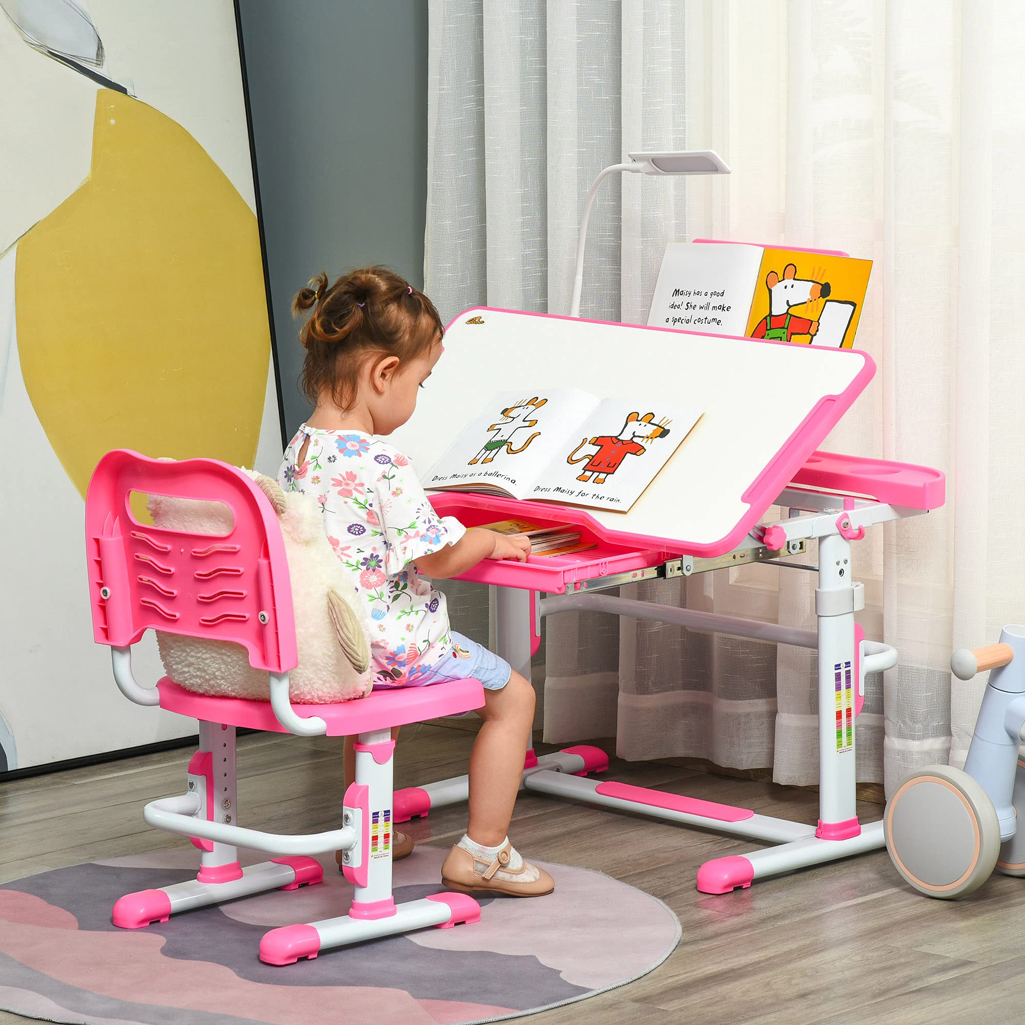 HOMCOM Scrivania per Bambini con Sedia Regolabile in Altezza, Set Banco Scuola con Cassetto, Luce e Piano Inclinabile a 45°, Età 6-12 Anni, Rosa
