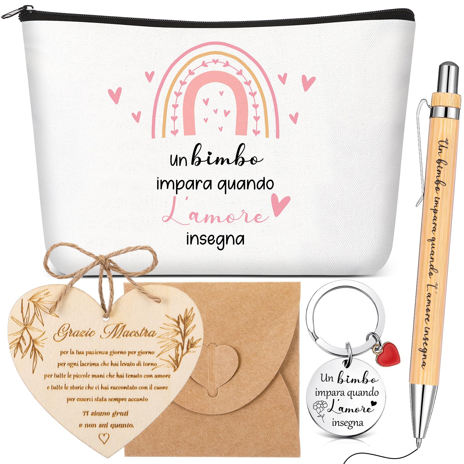 Jadive Set Regalo Maestra Fine Anno Borsa per Cosmetici Portachiavi Biglietto di Ringraziamento a Forma di Cuore in Legno Penna a Sfera in Legno Regalo Creativo Addio per Insegnante