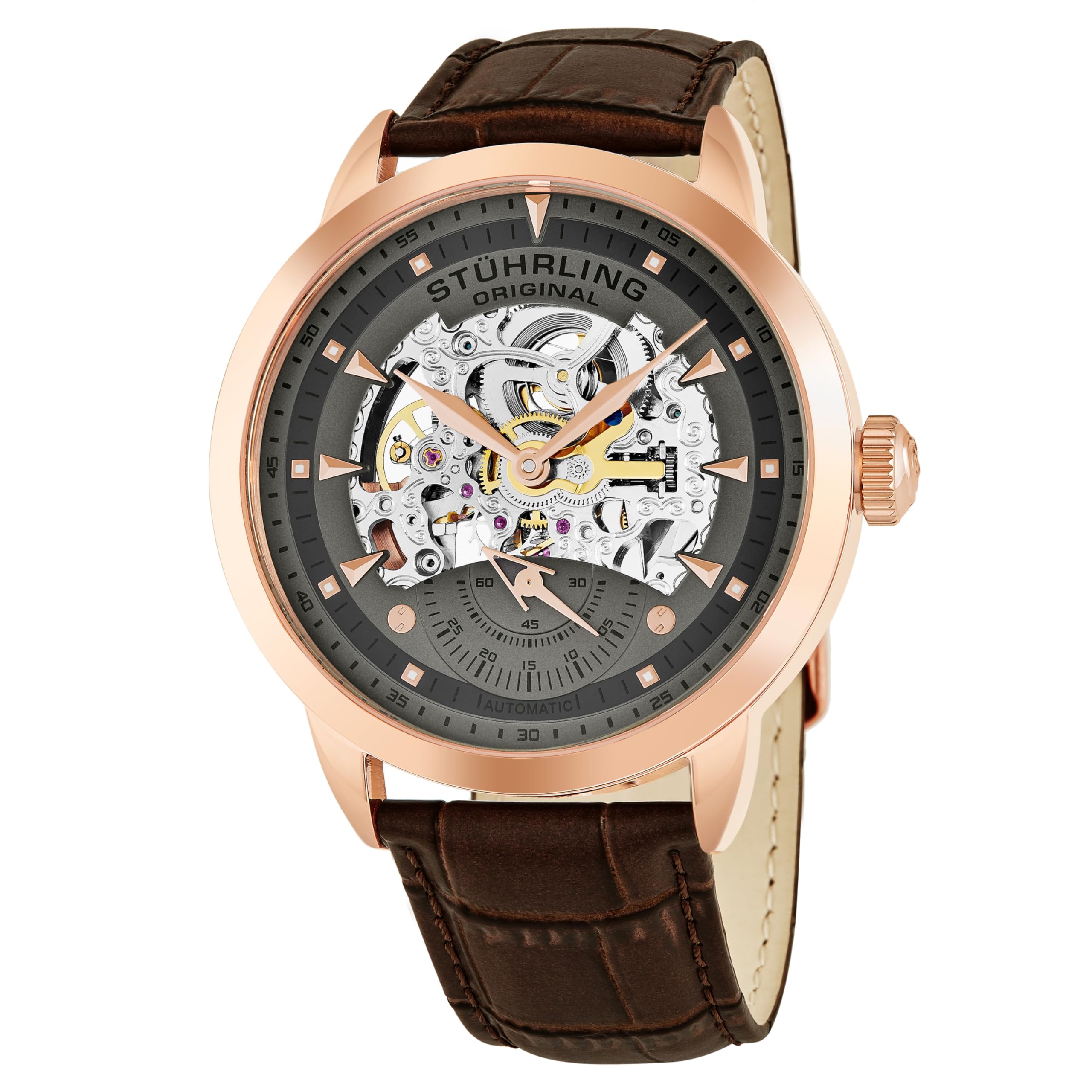 Stuhrling Original Men's Automatic Watch with Grey Dial Analogue Display and Brown Leather Strap 133.3345K54