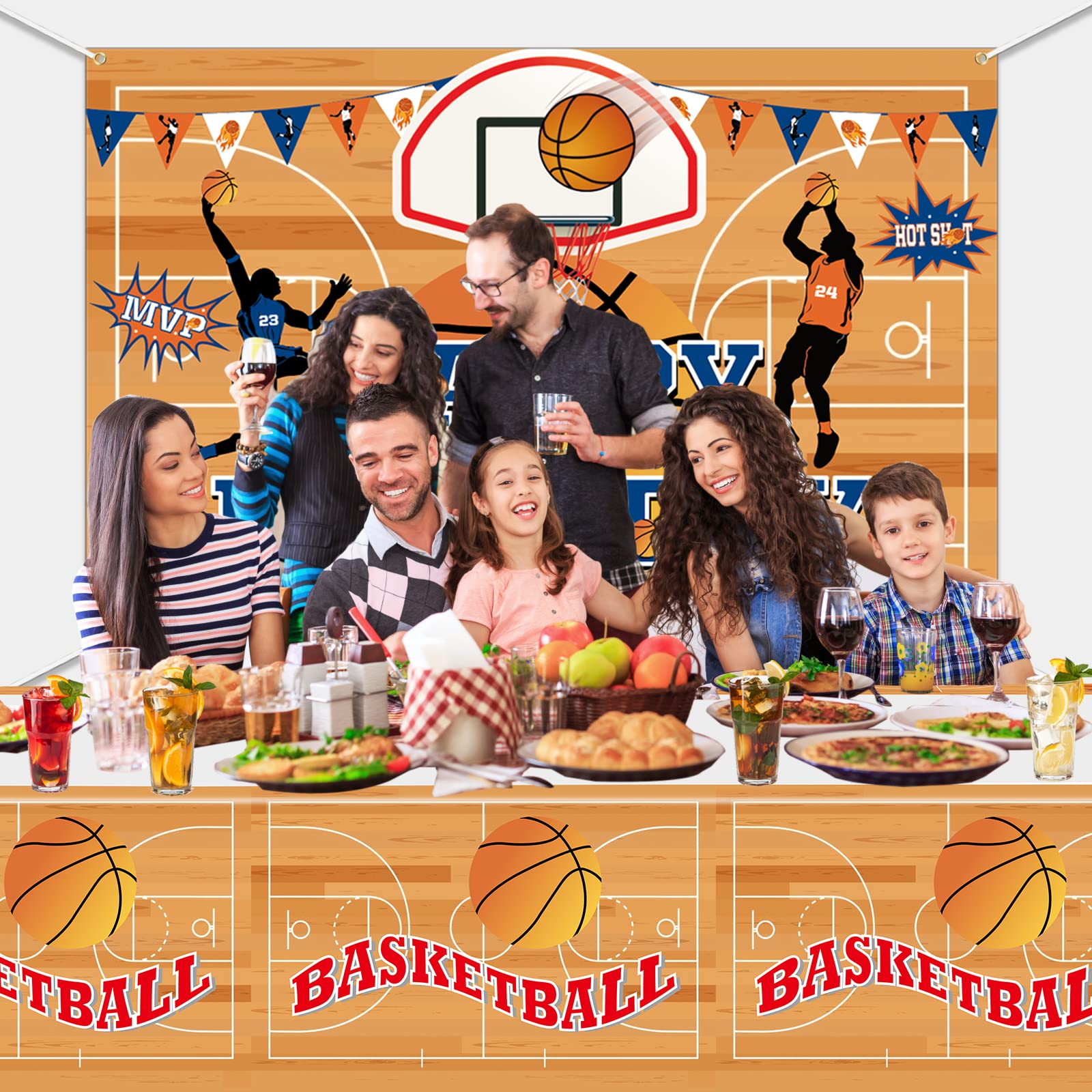 Sfondo di Pallacanestro e Copritavolo, Tema di Pallacanestro Buon Compleanno Sfondo e Modello di Pallacanestro Tovaglia per Ragazzi, Bambini, Appassionati di Pallacanestro