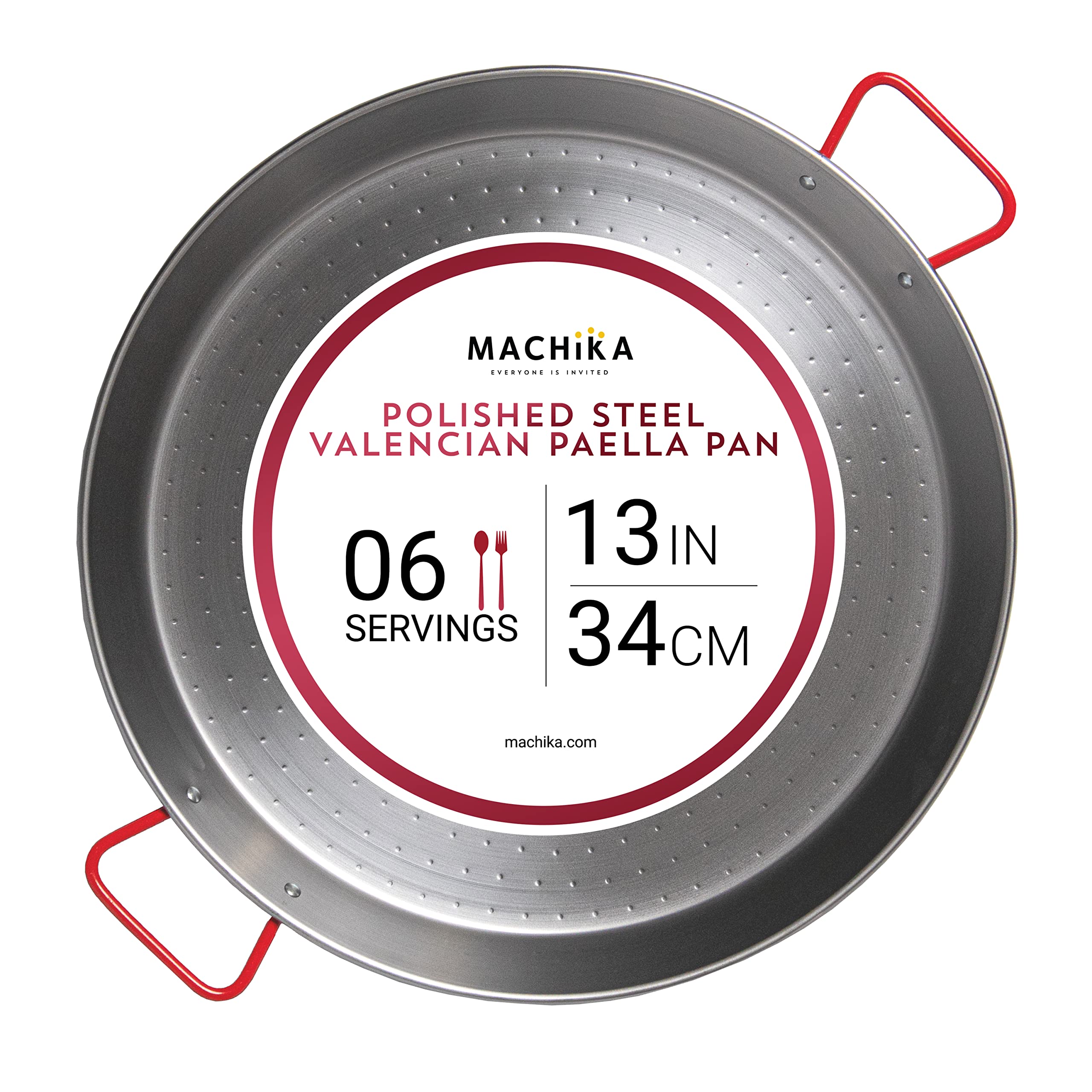 Machika 13 inch Carbon Steel Paella Pan, 34cm Polished Steel Large Skillet From Spain, Great for Paella Parties Indoors, Outdoors, Camping & More, Imported Spanish Paellera, Made by Garcima