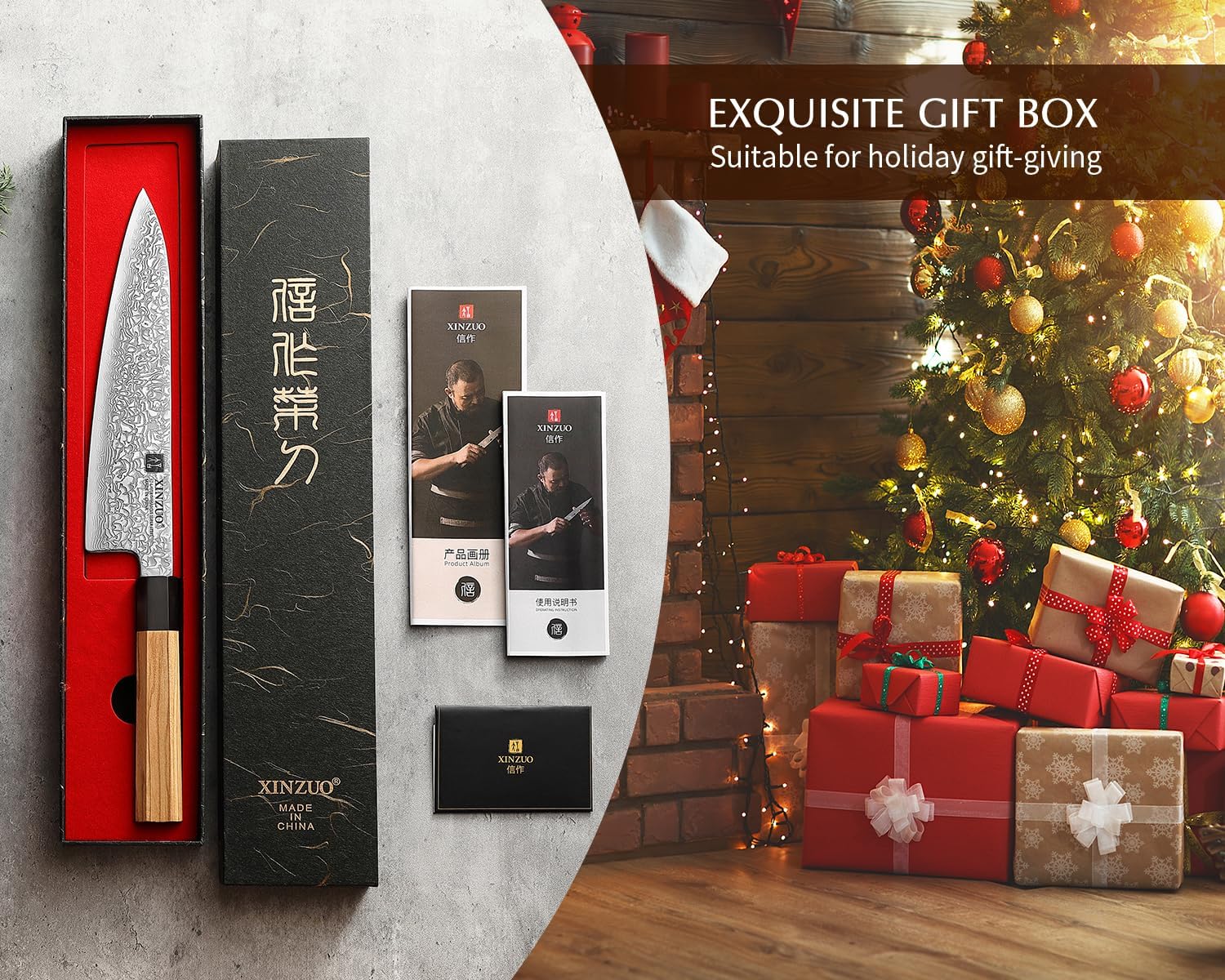 XINZUO 21,5cm Acero de Damasco Cuchillo de Cocinero, Estilo Japons Cuchillo de Cocina Chef Profesional de Damasco Cuchillo para Cortar Carne y Verduras -Mango de Madera de Olivo -con Caja de Regalo