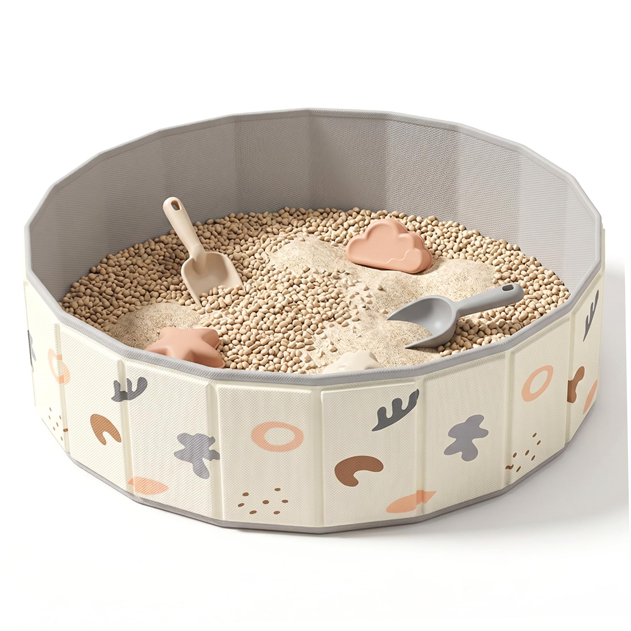Bonalake Kids Sandbox, 47in Diameter Spacious Foldable Sand Box For Kids With Cartoon Print, Sandboxes for Indoor and Outdoor Play, Beige Toddler Sandbox Sand Box for