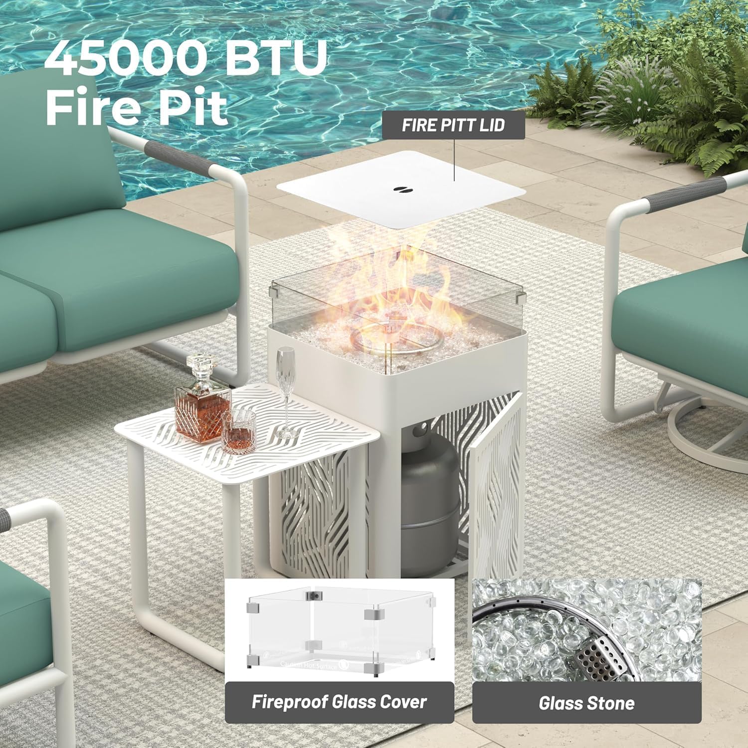 Outdoor 5-Seat Conversation Set with 2 Swivel Rocking Chairs, 45000 BTU Fire Pit Table & Glass Wind Guard - White