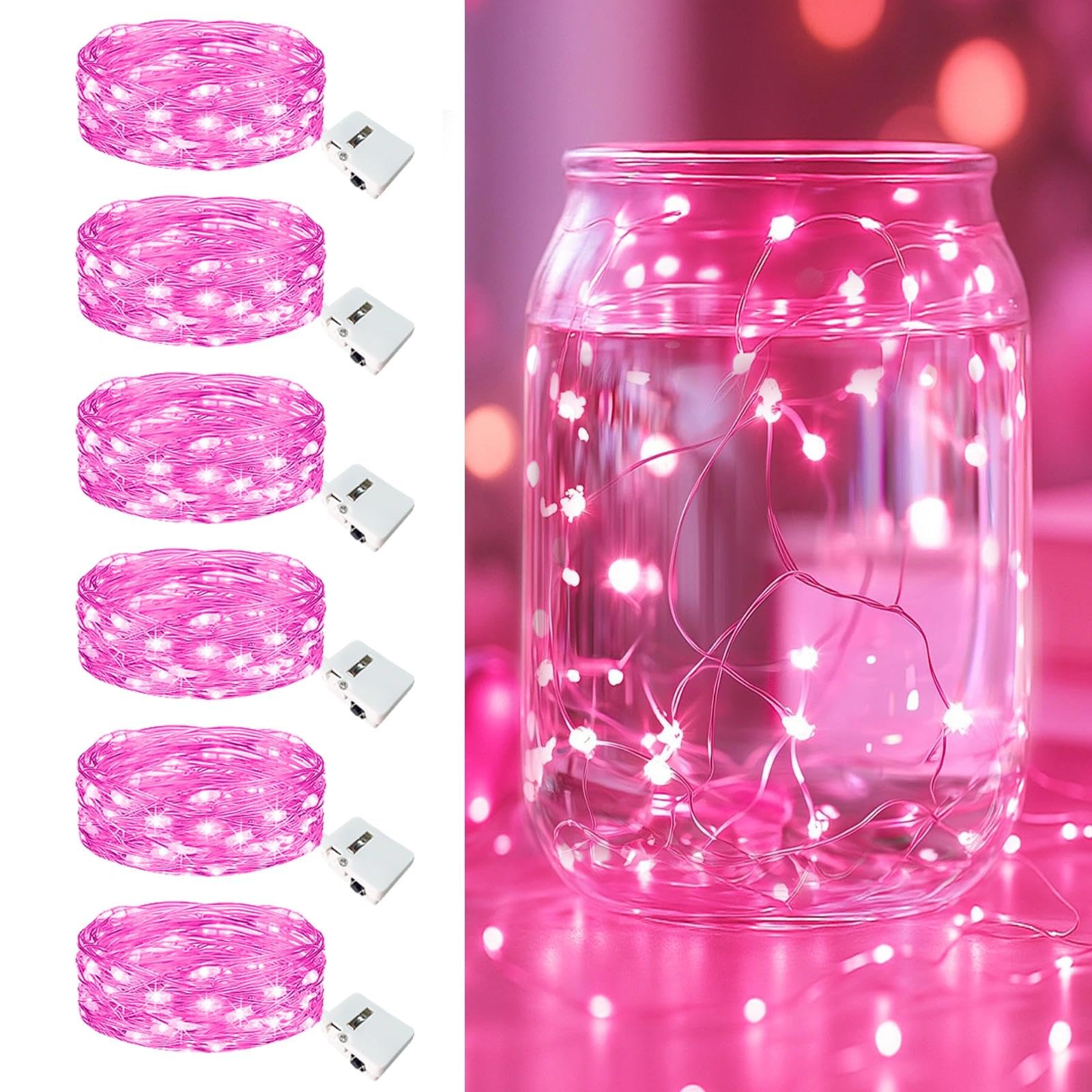 6 Pack Fairy Lights Battery Operated - 7ft 20 Led Twinkle Lights 3 Modes, Bulk Mini String Light Waterproof for Mason Jars Vases DIY Party Wedding Decoration Mothers Day- Pink