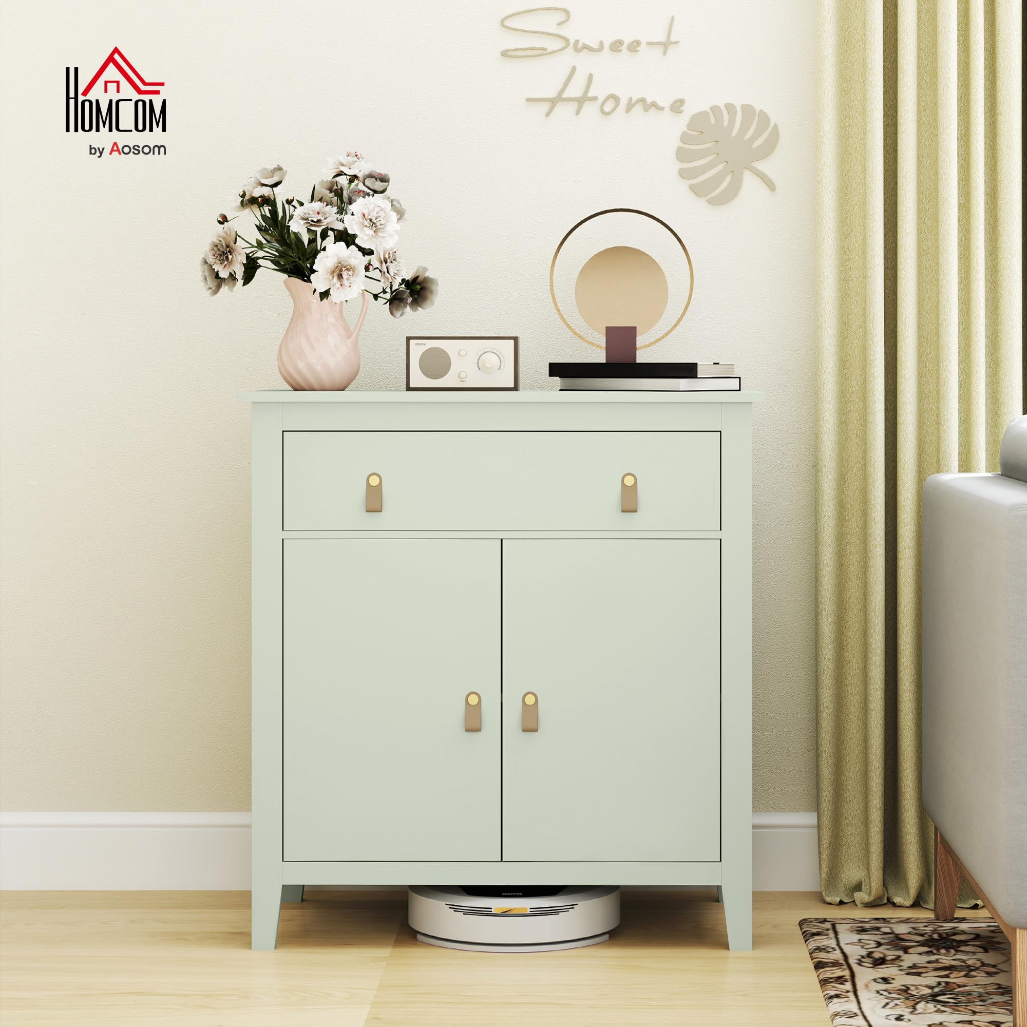 HOMCOM Aparador de 2 Puertas Aparador de Salón Moderno con Cajón Estante Ajustable y Tiradores de PU Mueble Auxiliar para Comedor Pasillo 80x40x90 cm Verde Claro