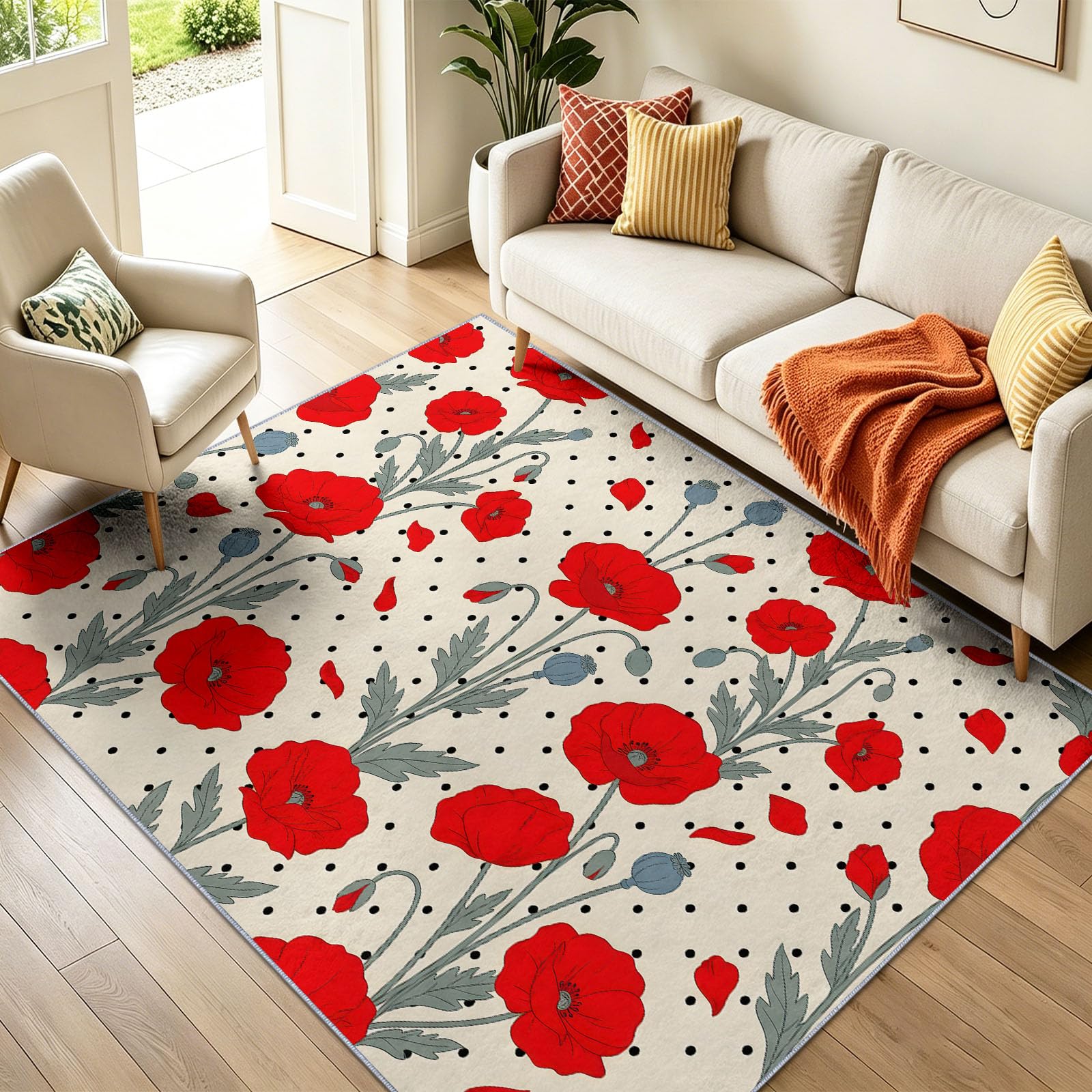 Dywan 140 x 200 cm, antypoślizgowe dywaniki akwarelowe kropki mak botaniczny kwiatowy biegacz krótkie do biura łazienka jadalnia, vintage czerwona sypialnia dywanik do łóżka