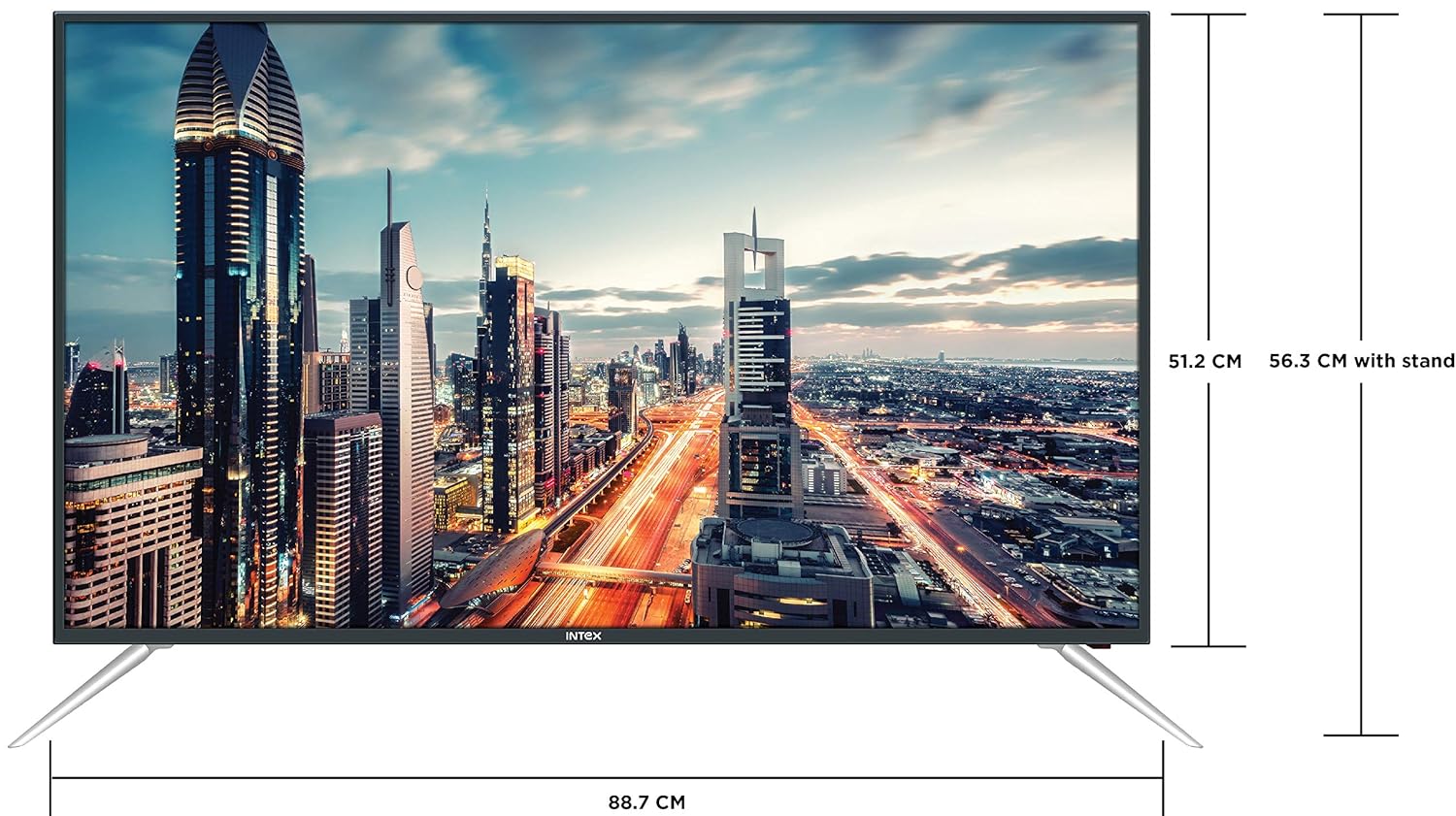 ດ້ານໜ້າ view of the Intex SH4004 Smart TV with dimensions labeled: 88.7 cm width, 51.2 cm height without stand, 56.3 cm height with stand.