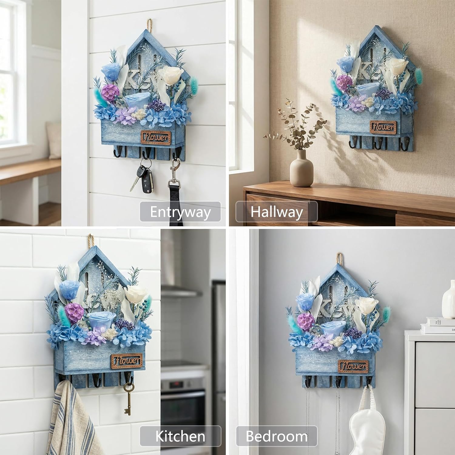 Key Holder Wall Mount with Preserved Blue Roses, Unique Wall Hooks for Home Decor, Forever Flowers Key Hook for Housewarming Gifts, Birthday Gifts for Women, Mom, Best Friend, Room Decor (Blue)
