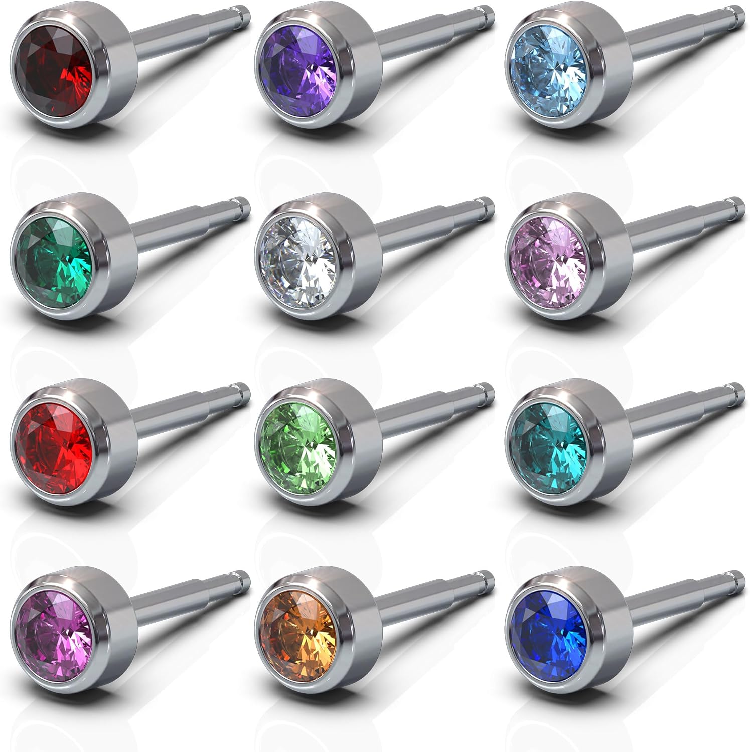 Stainless Steel Ear Piercing Earrings Studs Gold Plated Hypoallergenic Jewelry Set - Birthstones 12 Pairs