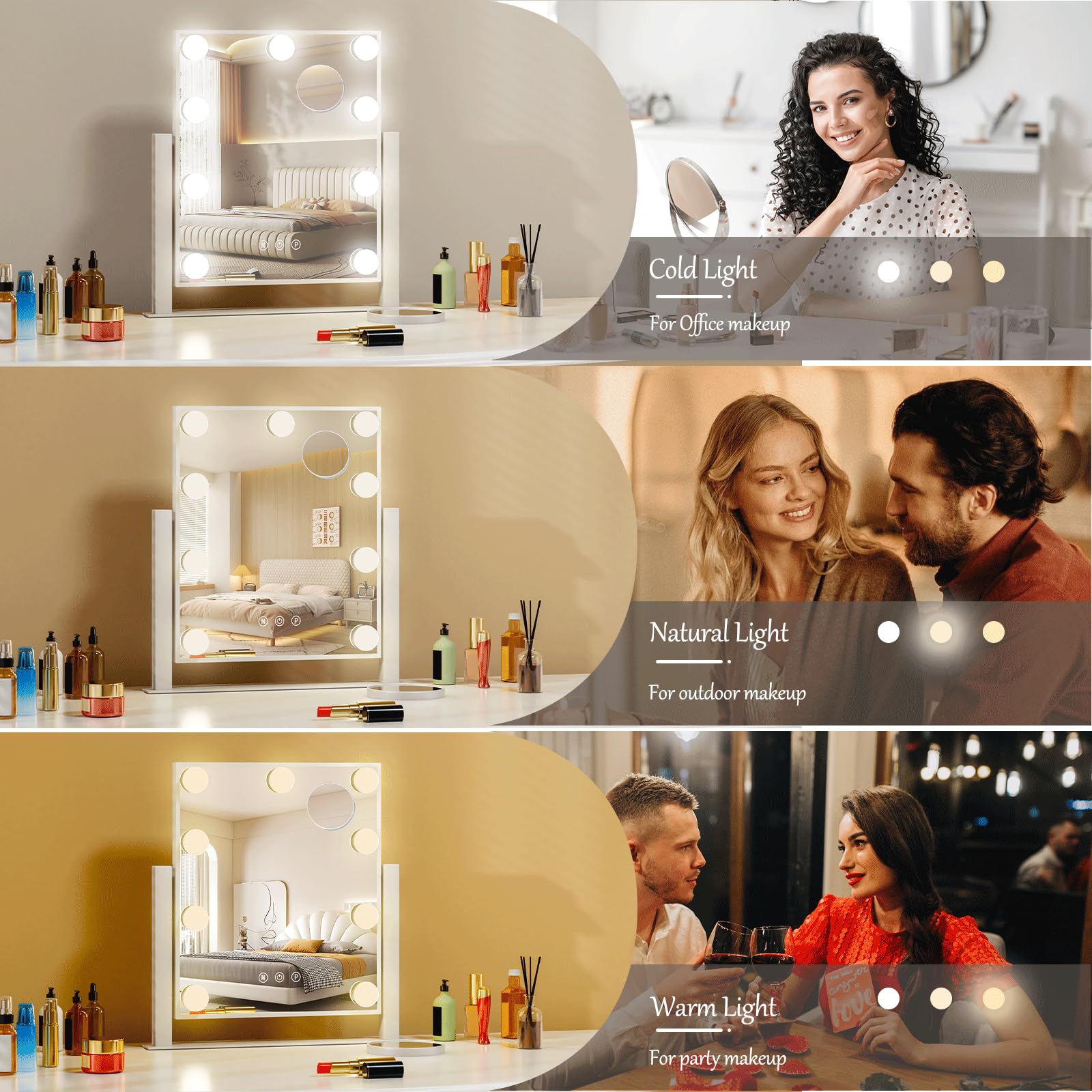 Miroir Coiffeuse, Miroir Maquillage Hollywood Lumineux 9Lumières Dimmables, 3 Modes, Miroir LED avec détail 10x et Rotation à 360 degrés (Blanc)