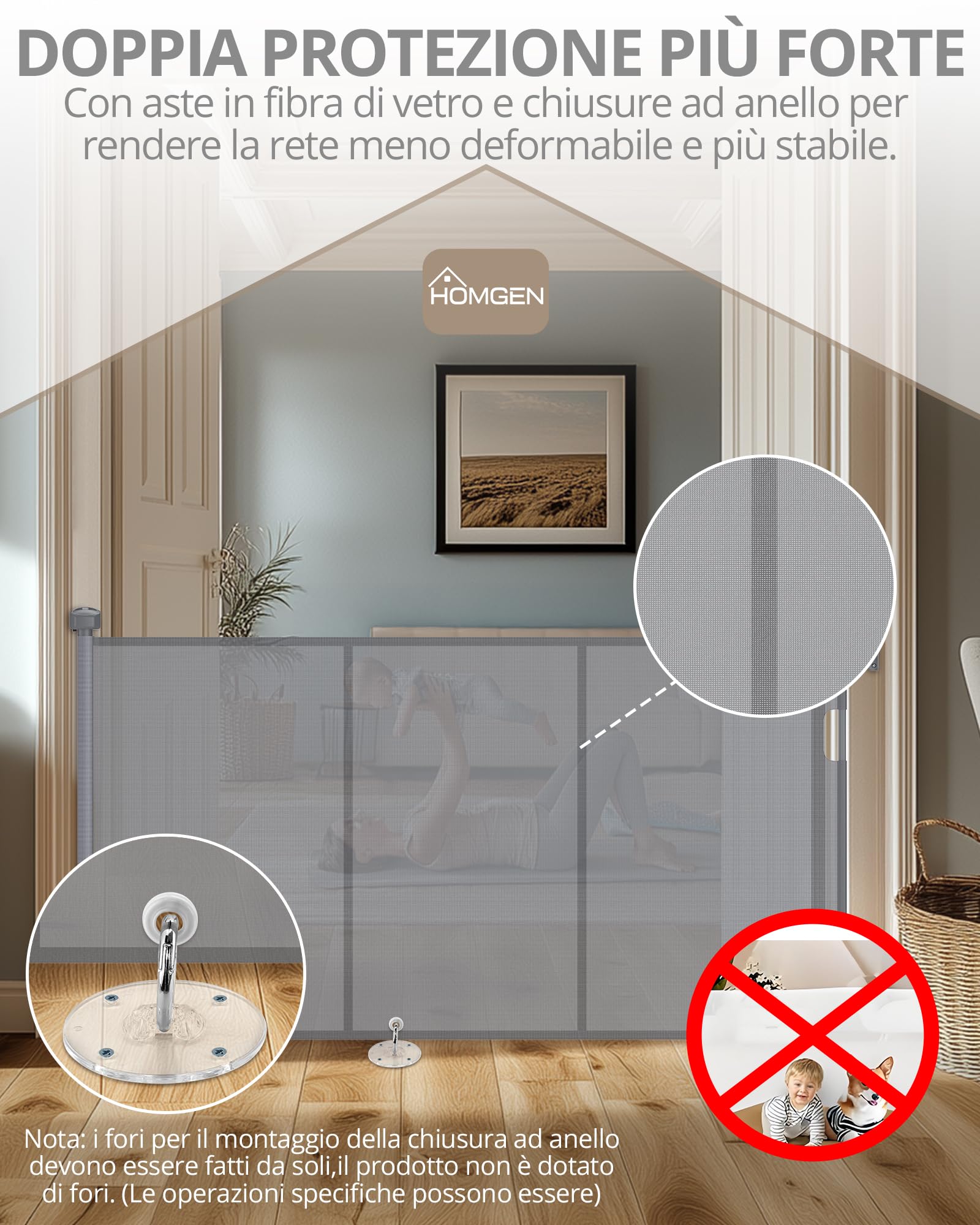 HOMGEN Cancello per Scale Retrattile Durevole Cancello Retrattile per Bambini 180cm con manopole Facile da Installare Cancello Retrattile per Cani Alto 86cm Cancello Retrattile Antistrappo -Grigio