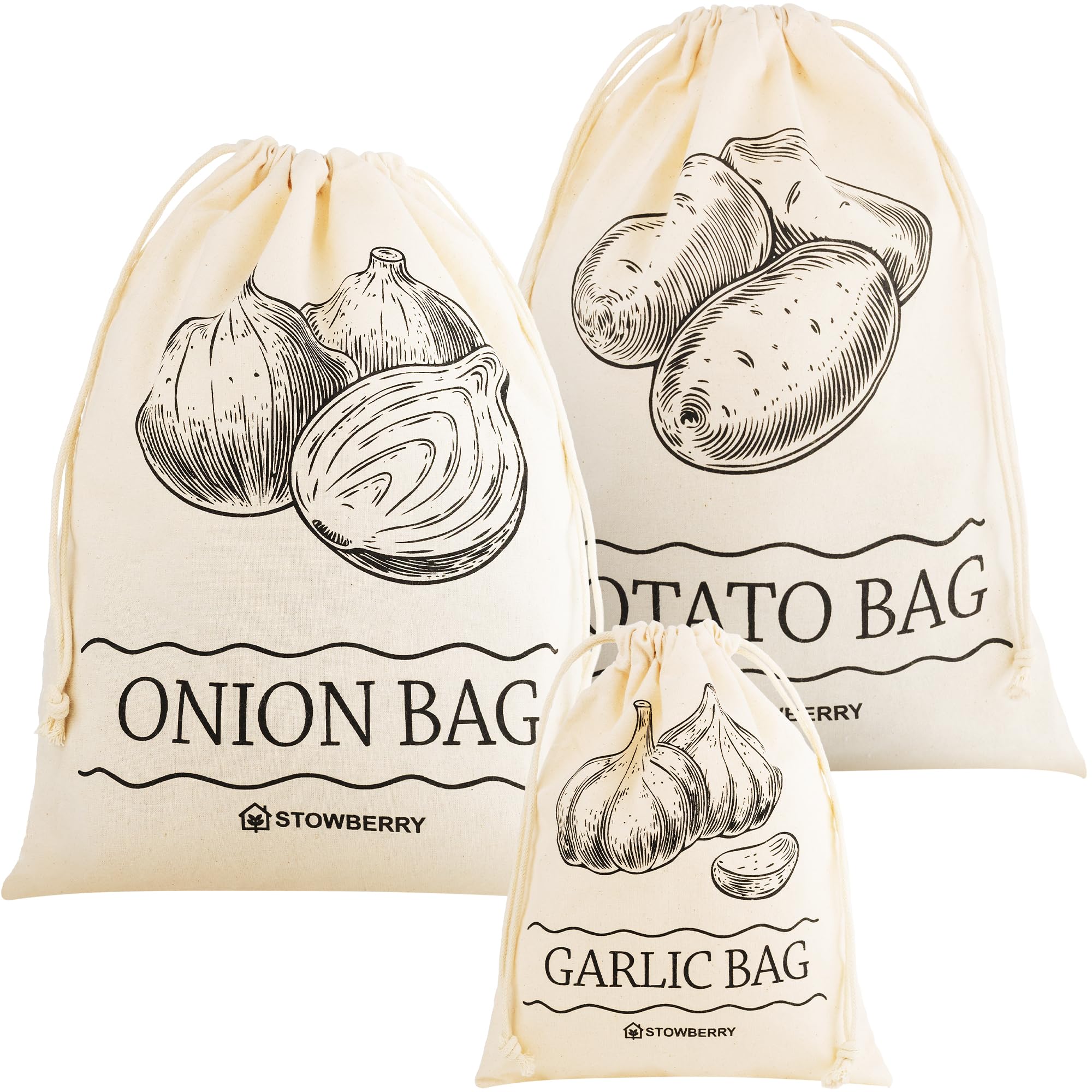 STOWBERRY Vegetable Storage Bags Set of 3 – Reusable Eco-Friendly Cotton Bags for Potato, Onion & Garlic with Drawstring Closure, Breathable & Durable Vegetable Storage for Kitchen Organisation
