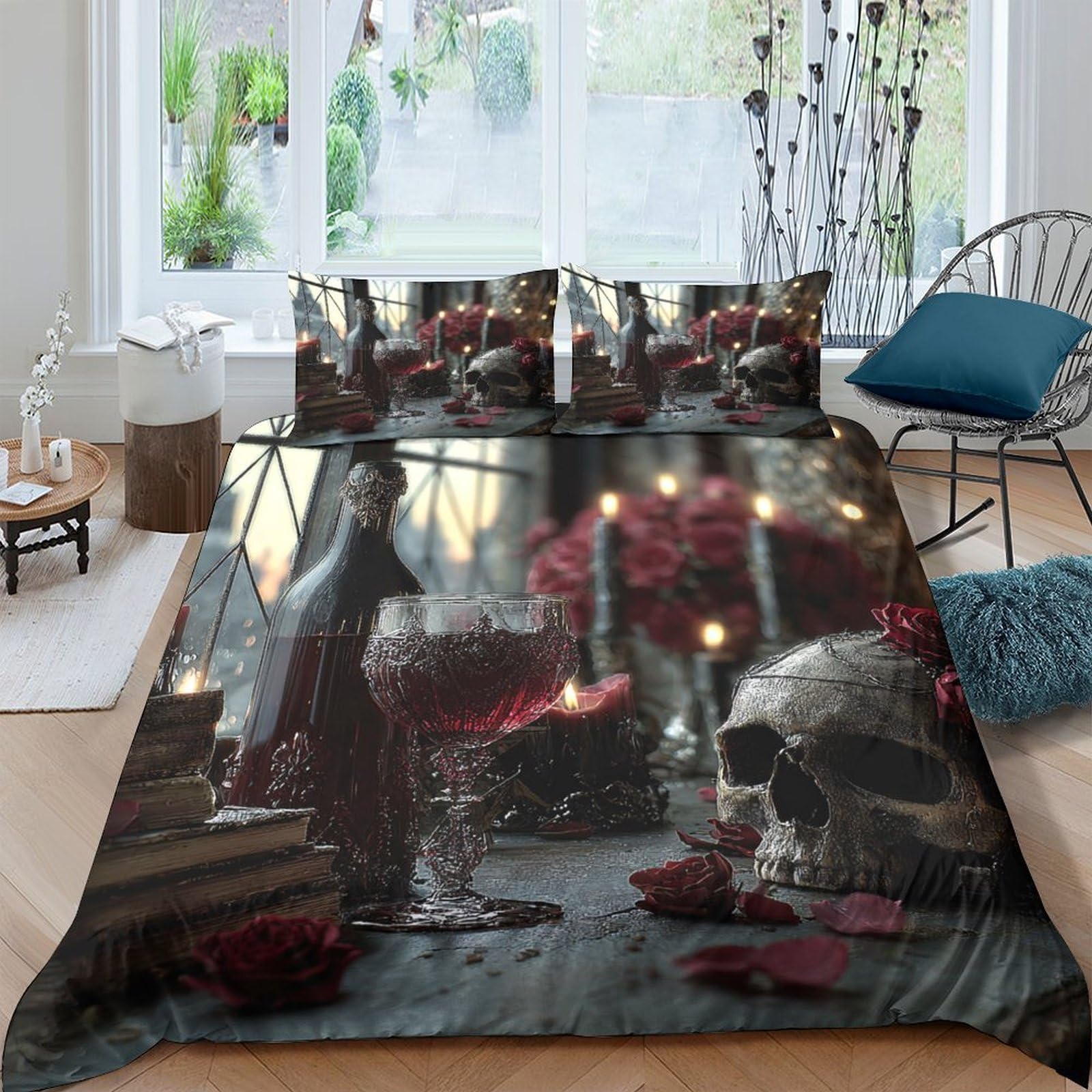 GPLZQXKJNH 3D Printed Gothic Candle Skull Duvet Cover Set Microfiber Soft Breathable Red Rose Bedding with 2 Pillowcases for Bedroom Decor Single（135x200cm）